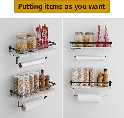 Vista 14 de BESy Estantes flotantes de almacenamiento montados en la pared con barra de toallero, soporte para toallas de papel con estante para cocina, Negro