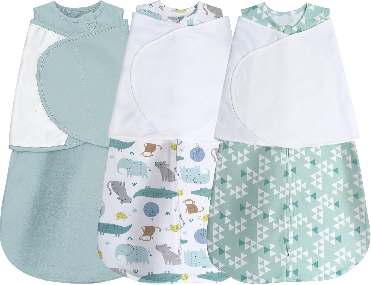 Baby Sleep sack Swaddle,Swaddles 3-6 Months,3-Way Adjustable Wearable Transition Blanket 100% Organic Cotton 3-Piece,12-18 lbs,1.0 TOG(Green&Light green&Animals)