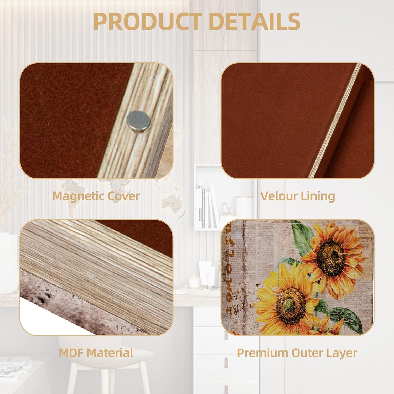 Decorative Sunflower Pattern Faux Leather Book Box - Vintage Style Storage & Decoration for Cafe, Bookshelf, Graduation Gift, Wedding Card Box (3-06 Inches)