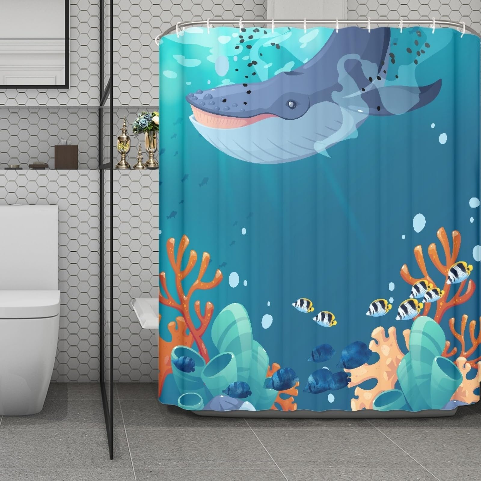 Rideau de douche 180x200 baleine bleue en tissu avec 12 anneaux