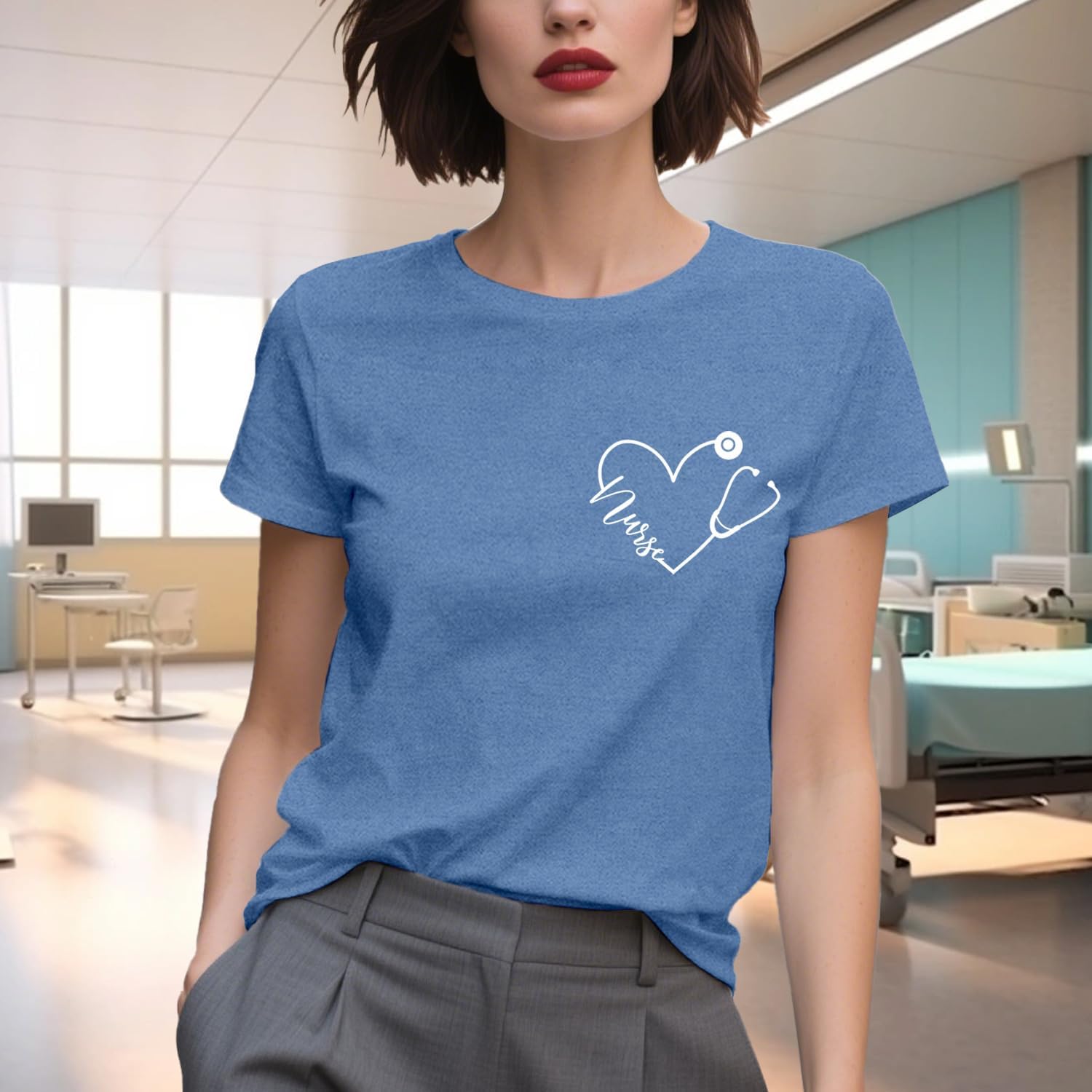 Nurse Shirts for Women Nurse Day T-Shirt Nursing Stethoscope Heart Tee Tops - Image 4