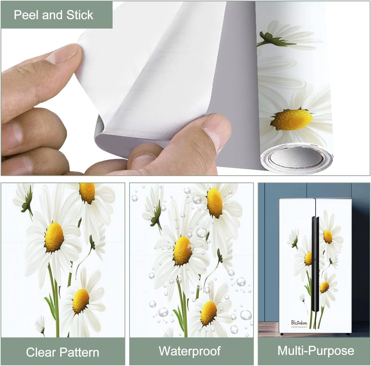 Self Adhesive Vinyl Refrigerator Wrap Daisy Flowers White Petals Yellow Middle Realistic Illustrations Door Mural Sticker Peel and Stick Removable Door Cover Fridge Wrap Decal for Kitchen Decor