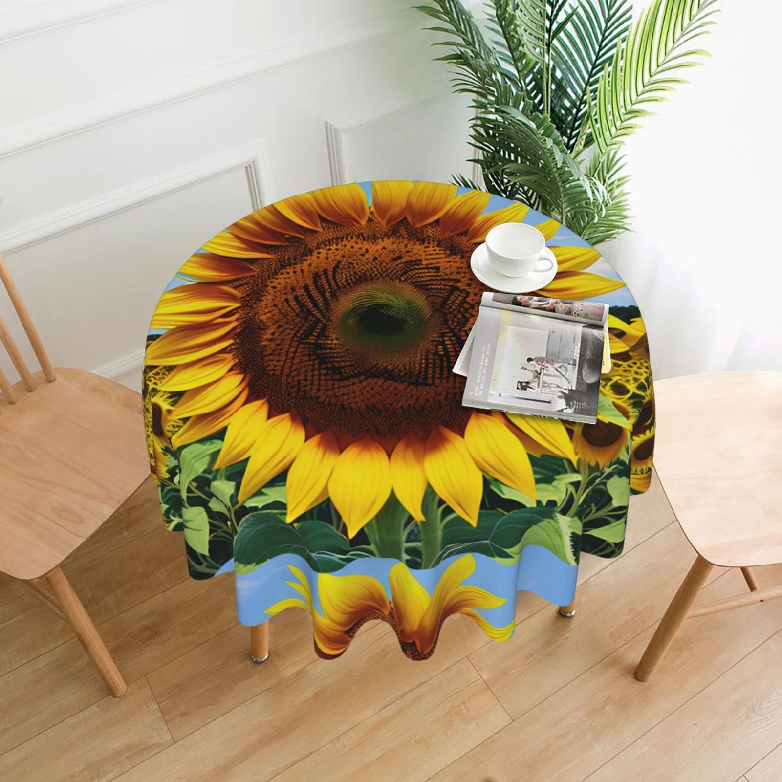 Nbtghga Sunflower Pattern Print Tablecloth Round Border Table Cloth Cover Decorative For Party Holiday Dinning Tabletop Home