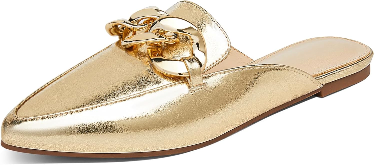 Juliet Holy Womens Mules Flats Pointed Toe Backless Loafers Slip on Metal Chain Slides