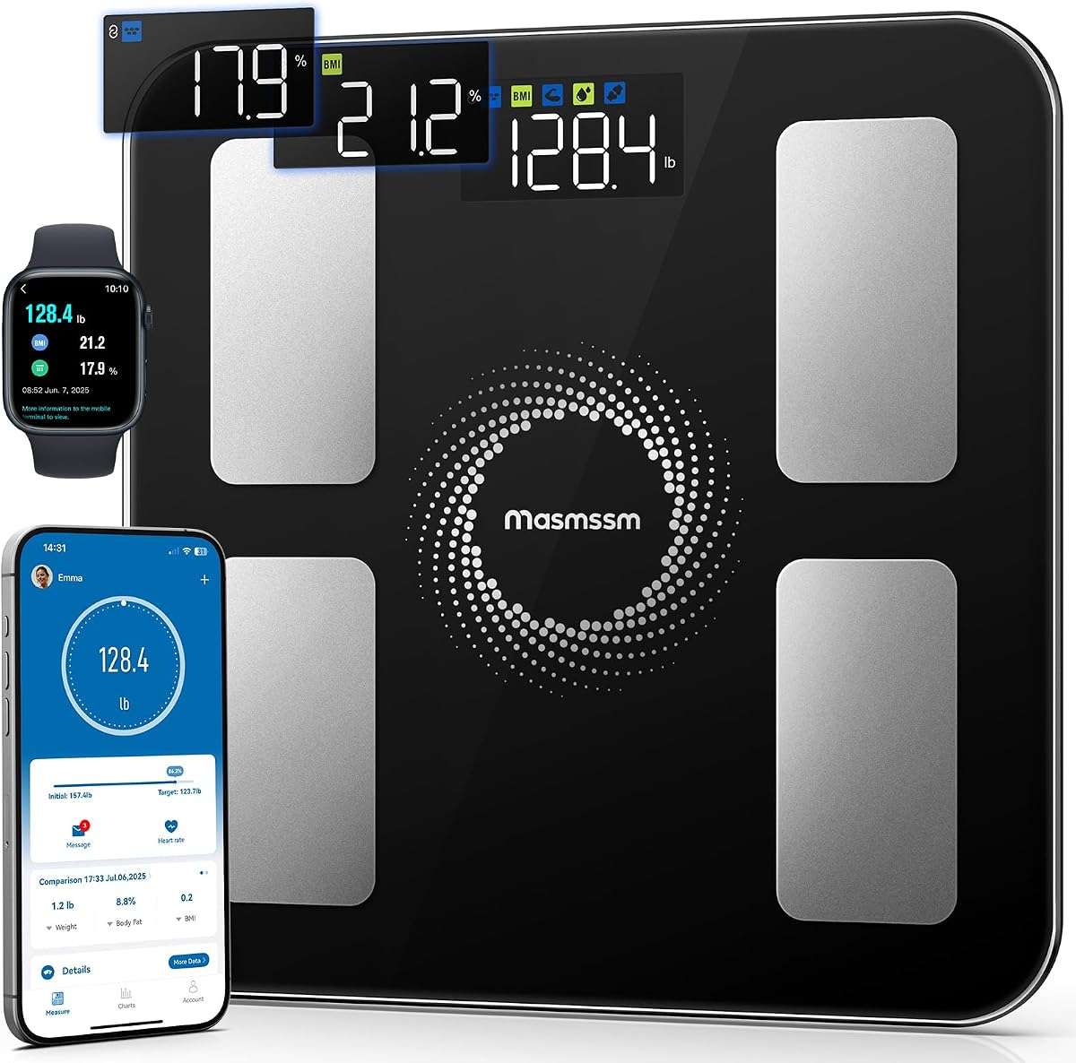 Smart Scale for Body Weight and Fat, Large Display with 6 Auto-Rotating Metrics, Bathroom Scale with 20 Body Measurements, Fitness App & Apple Watch Sync, Compatible with iOS & Android