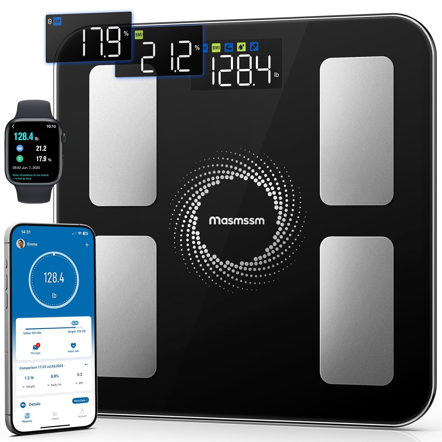 Smart Scale for Body Weight and Fat, Large Display with 6 Auto-Rotating Metrics, Bathroom Scale with 20 Body Measurements, Fitness App & Apple Watch Sync, Compatible with iOS & Android