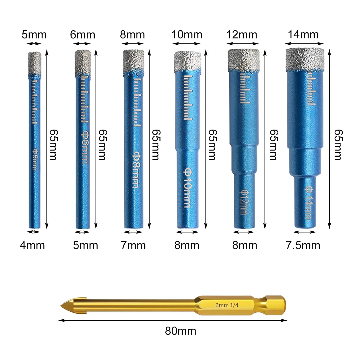 Brocas Porcelanico Juegos 5/6/8/10/12/14mm, Broca Azulejo 6mm Baldosas, Diamante Azulejos Punta, para Cerámica, Granito, Vidrio, Porcelana, Azulejos, Gres fino