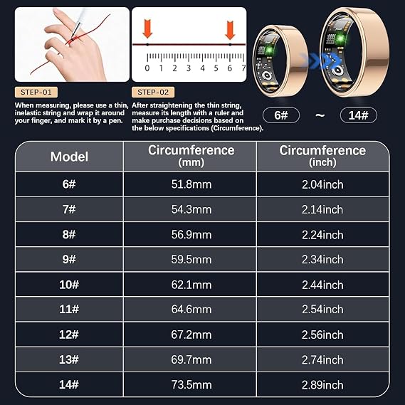 スマートリング レディース メンズ フィットネスリング 心拍数 血中酸素 ストレス 睡眠トラッカー ステップトラッカー フィットリング 登録料なし IP68 防水 スマートリング iPhone & Android用 ローズゴールド 8#