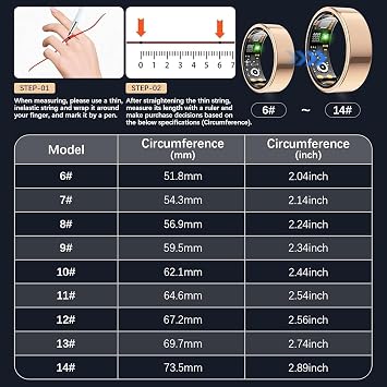 スマートリング レディース メンズ フィットネスリング 心拍数 血中酸素 ストレス 睡眠トラッカー ステップトラッカー フィットリング 登録料なし IP68 防水 スマートリング iPhone & Android用 ローズゴールド 8#