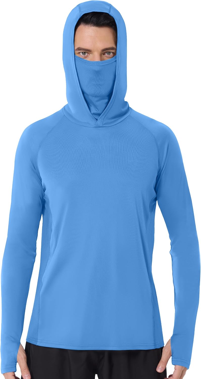 isnowood Men's UPF 50+ Fishing Sun Hoodie, UV Protection Long Sleeve Hooded Shirt with Mask for Hiking outdoor