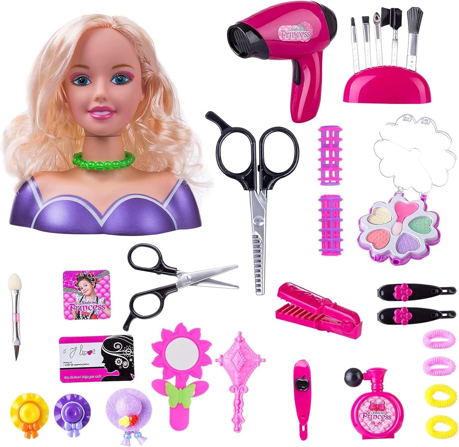 Kids Doll Head for Hair Styling and Make Up, Practice Makeup Doll with Hair Dryer, Accessories