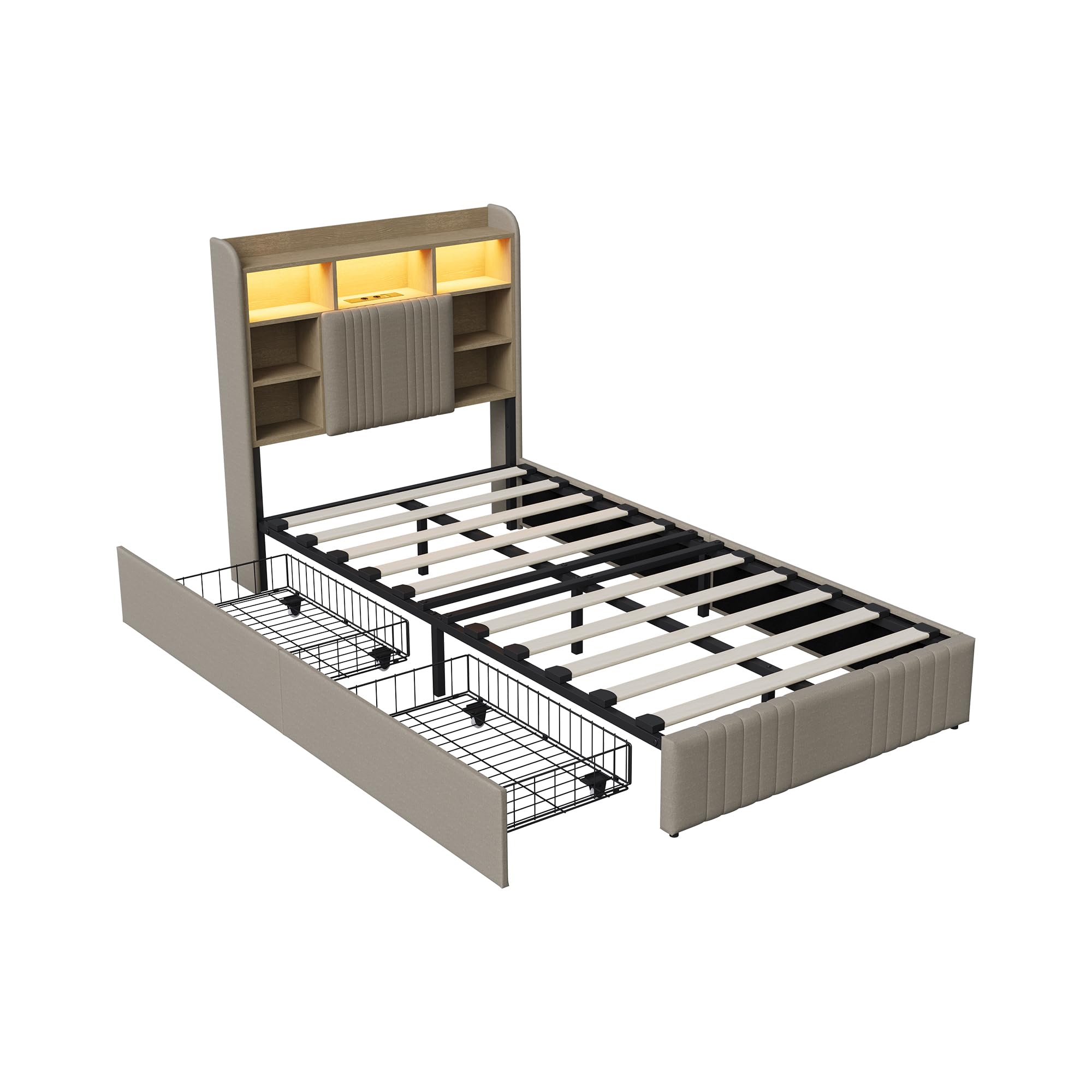 Letto singolo imbottito, 90 x 200 cm, con LED e vano portaoggetti, letto per ragazzi 90 x 200 cm, con illuminazione a LED e stazione di ricarica USB e tipo C, struttura imbottita con 2 cassetti