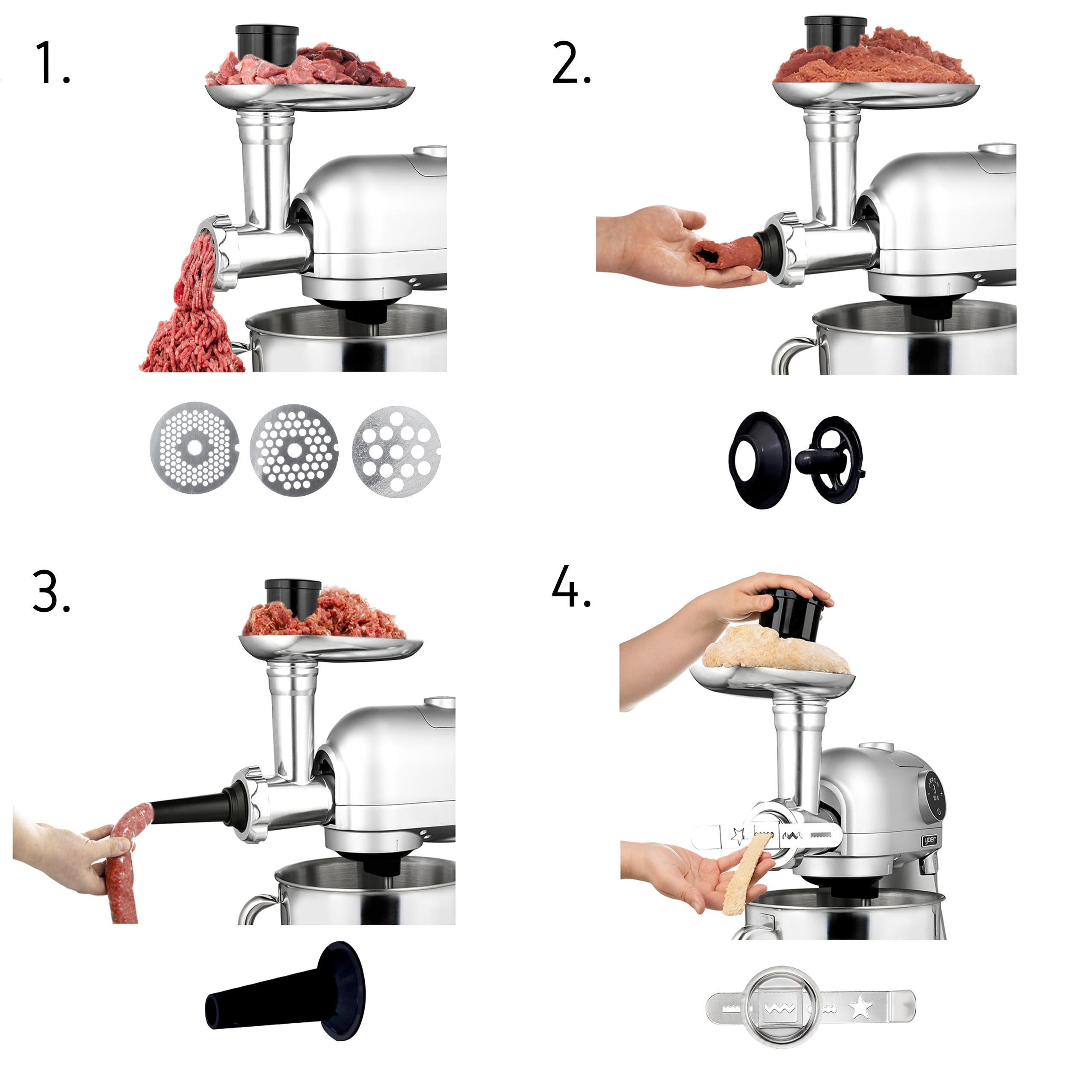Yoer Astralo KM03S, Planetarny Robot Kuchenny 1200W, wielofunkcyjny, 39 elementów, mikser stojący, maszynka do mielenia, blender kielichowy, szatkownica, młynek, cicha praca, srebrny