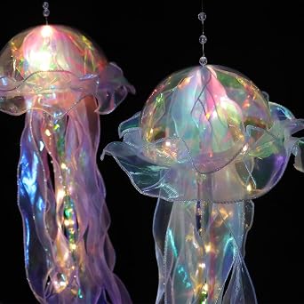 2Pcs Glitter Iridescent Jellyfish Light Mermaid Jellyfish Lanterns Blue Purple Jellyfish Kit Under The Sea Mermaid Party Decor Hanging Jelly Fish Lamp Birthday Girl Baby Shower Party Supplies [Energy Class A++]