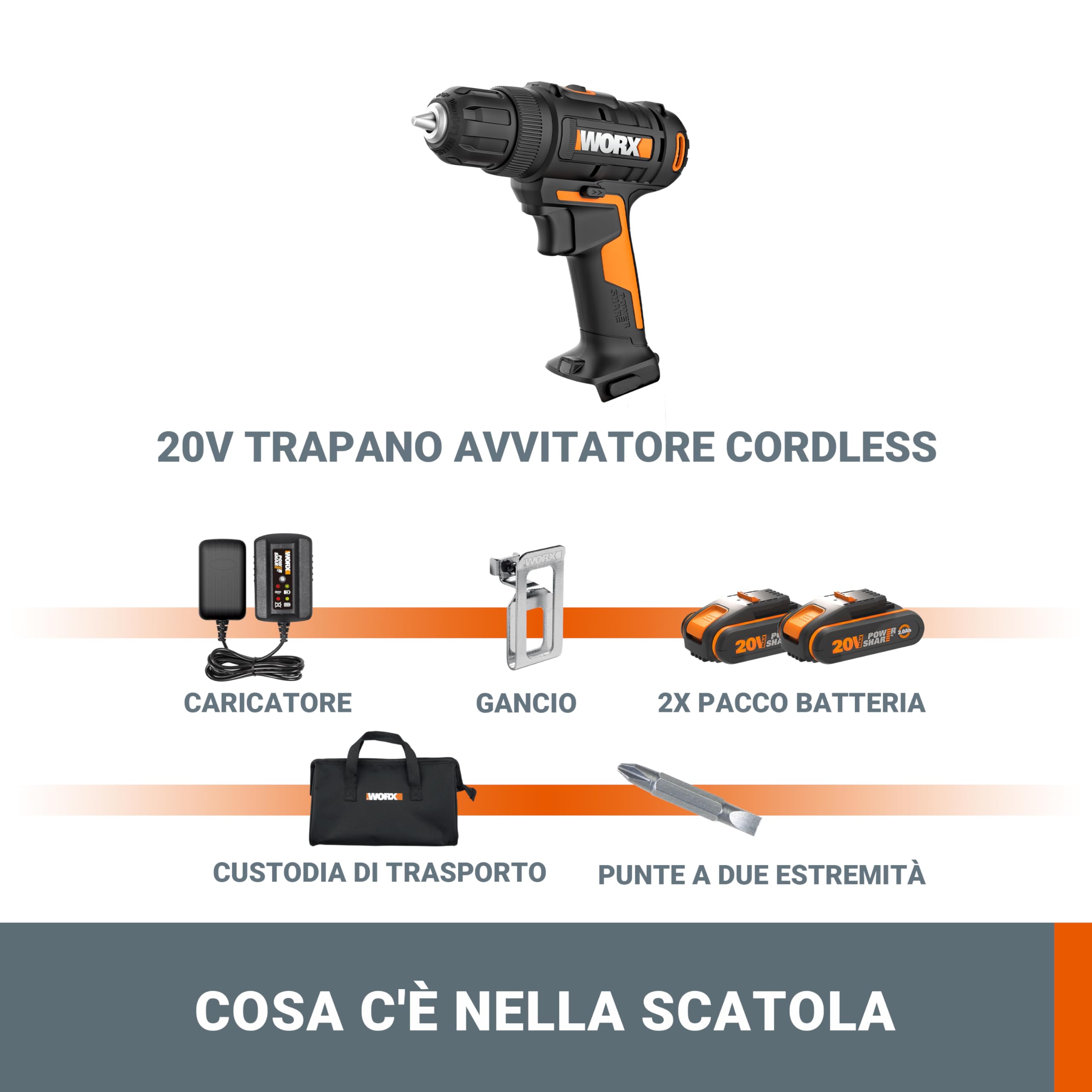 WORX Trapano Avvitatore senza Fili WX100.3 20V MAX PowerShare 2 Batterie | Trapano-Avvitatore 18V Coppia Massima 30 Nm,Velocità Variabile,Luce LED,Mandrino Autoserrante da 10 mm,Caricabatterie incluse