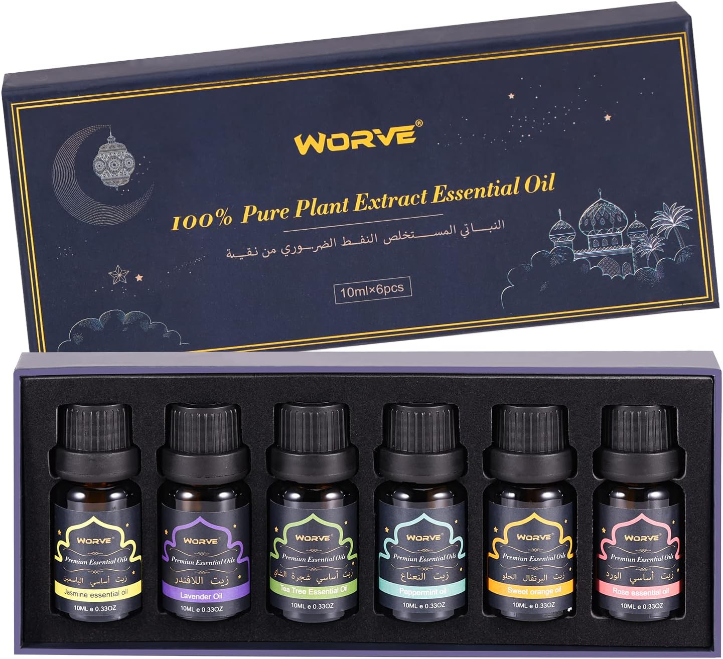 Worve Essential Oils Set 6 x 10ml, 100% Pure & Natural Aromatherapy Oils - Lavender, Rose, Jasmine, Tea Tree, Sweet Orange, Peppermint Diffuser Oil for Massage Hair Care Wellness Gift Set…