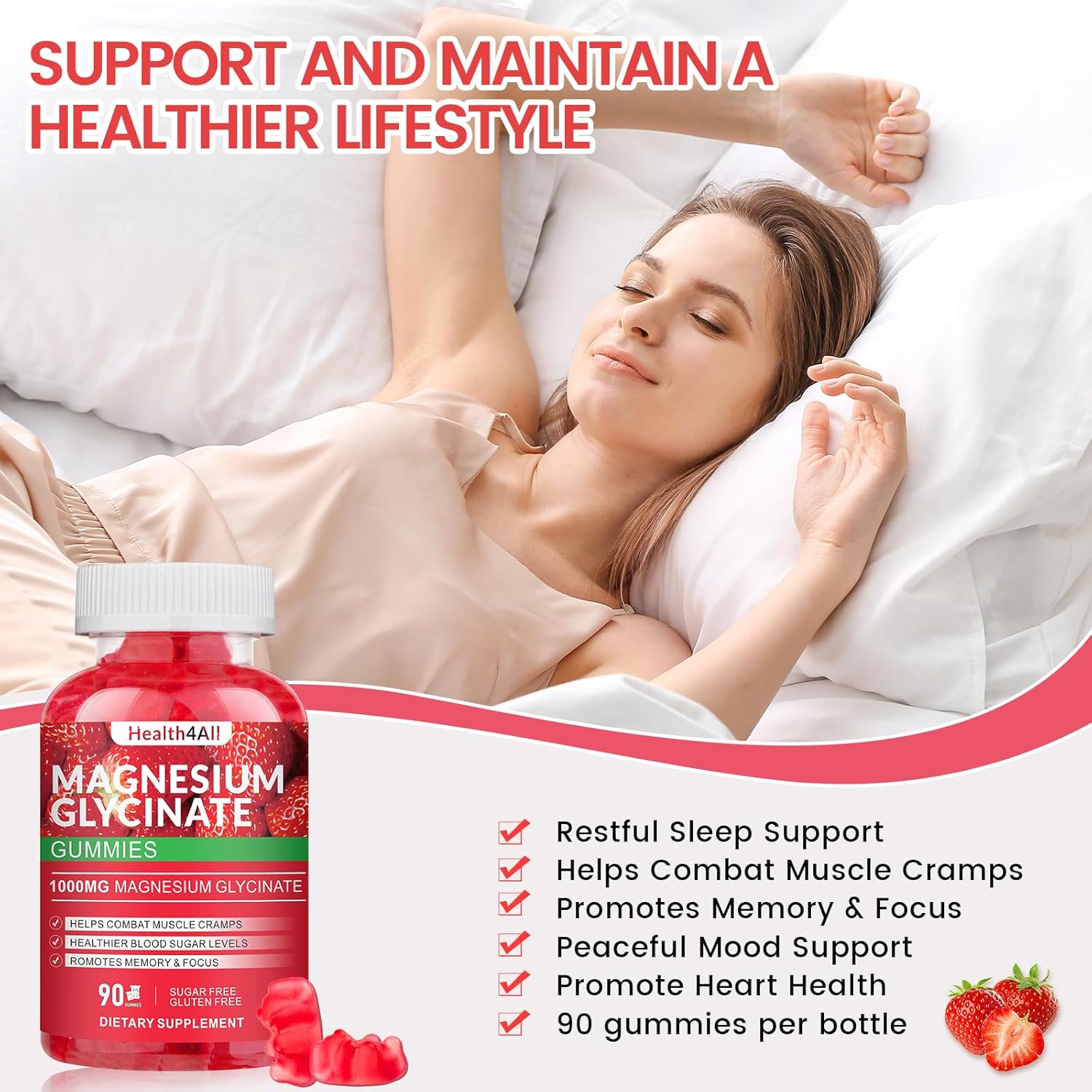 Magnesium Glycinate Gummies 1000mg, High Absorption Sugar Free Magnesium Potassium Supplement for Relaxation, Stress Relief, and Sleep Support for Adults & Kids - 180 Strawberry Gummies