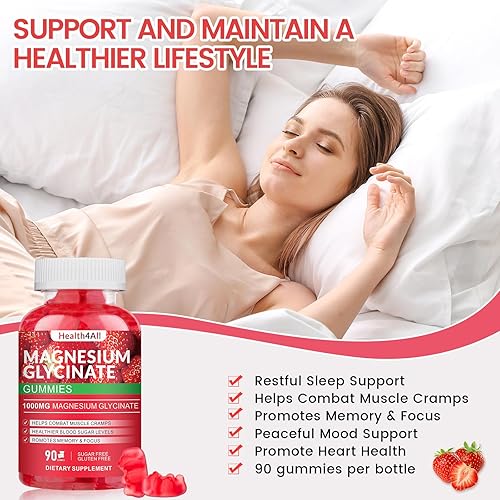 Miniatura 6 de Gomitas de glicinato de magnesio 1000mg, suplemento de magnesio y potasio sin azúcar de alta absorción para relajación, alivio del estrés y apoyo