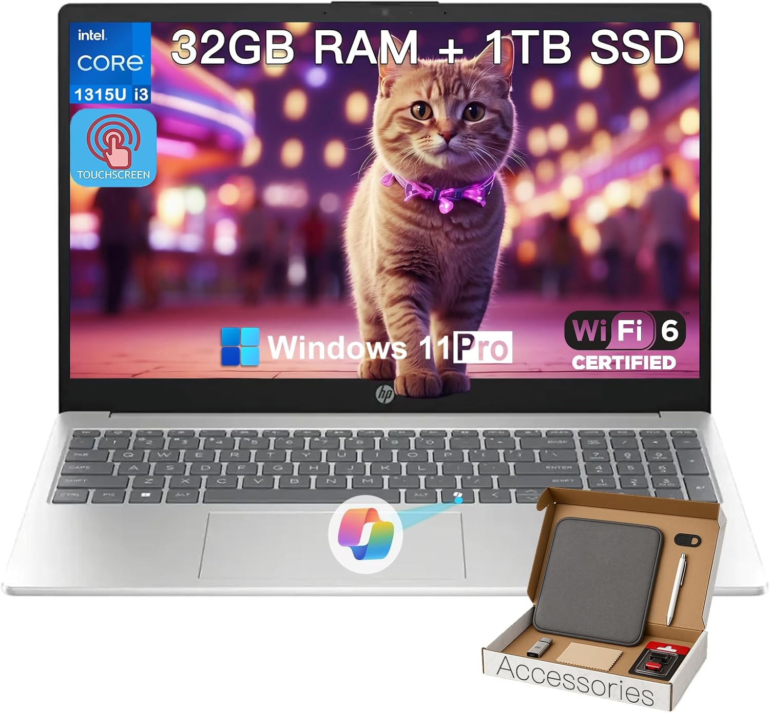 HP 2025 15.6" Touchscreen Laptop Computer - Intel i3 1315U (Up to 4.5GHz), 96GB RAM, 24TB SSD, Wi-Fi 6, Ai Copilot, HD Touch Display, HDMI, Windows 11 Pro, w/Laptop Accessories
