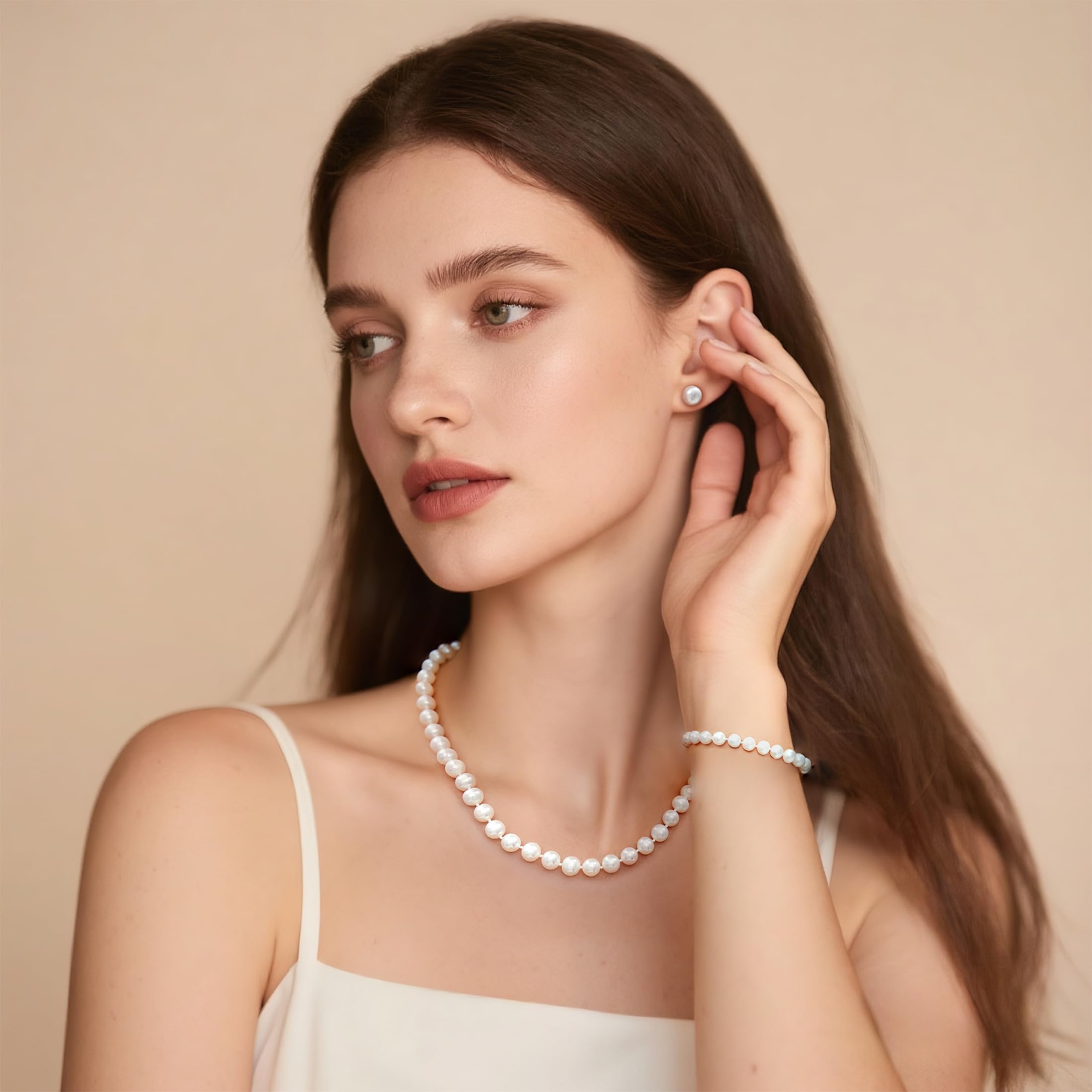 YAMI set perle (collana + bracciale + orecchini), perle di alta qualità coltivate in acqua dolce, argento 925 sterling ipoallergenico, qualità e bellezza, adatto come regalo di Natale, 45 + 5 cm