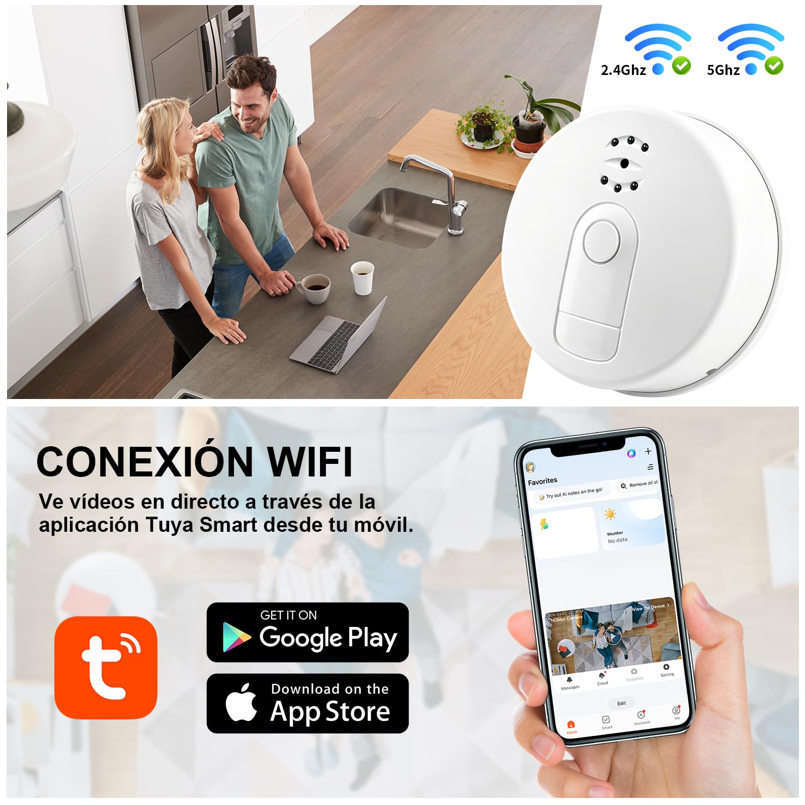 Cámara Oculta con Wifi de 2,4 y 5G, Mini Cámara Oculta en Detector de Humo