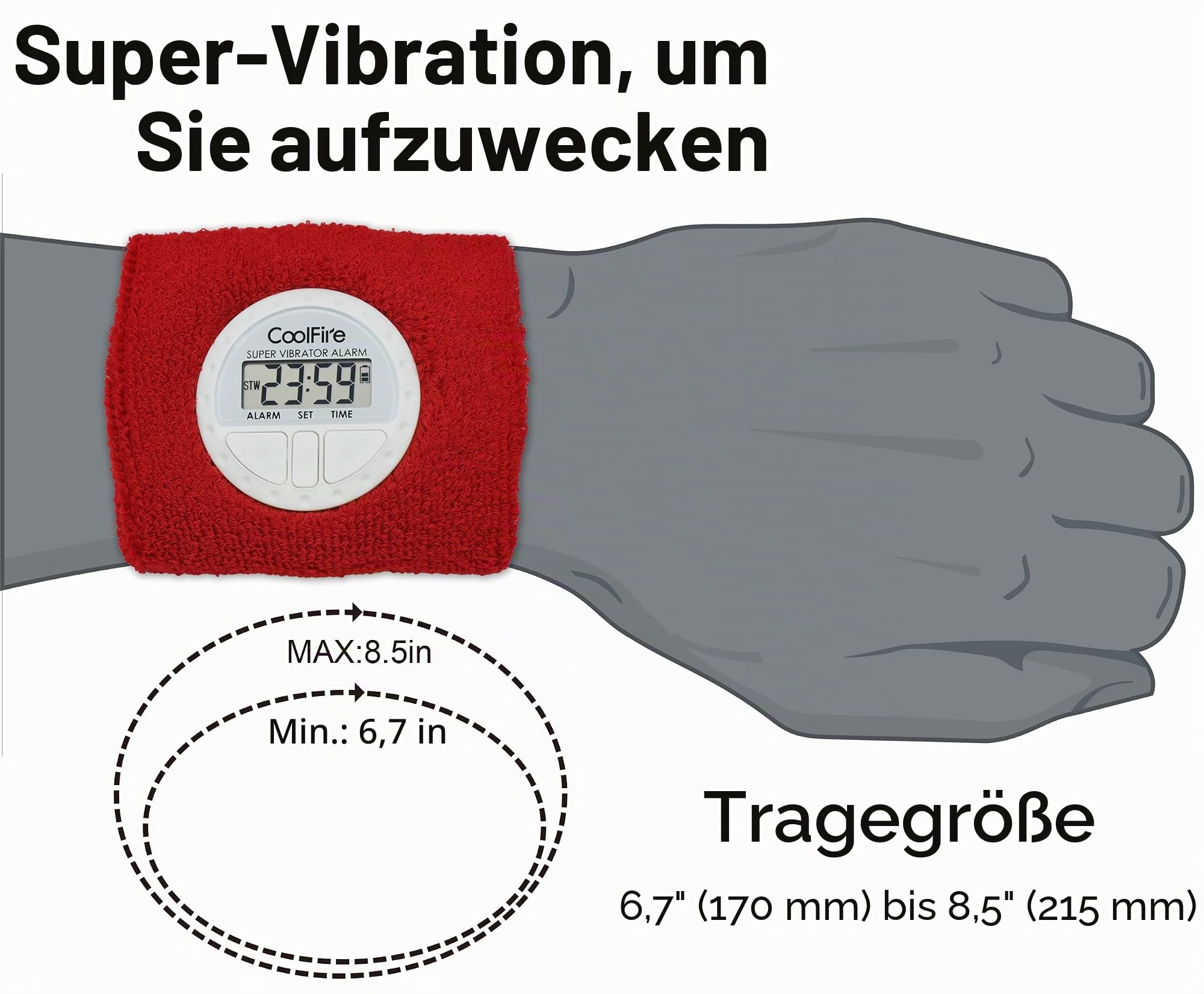 Coolfire Vibrationswecker - Leiser Alarm Armband Vibrationsalarm Uhr Leiser Handgelenk Schock Wecker Vibrationsalarm Armband Tiefschläfer & Vibrationsalarm (Schwarz), Rot/Ausflug, einfarbig (Getaway