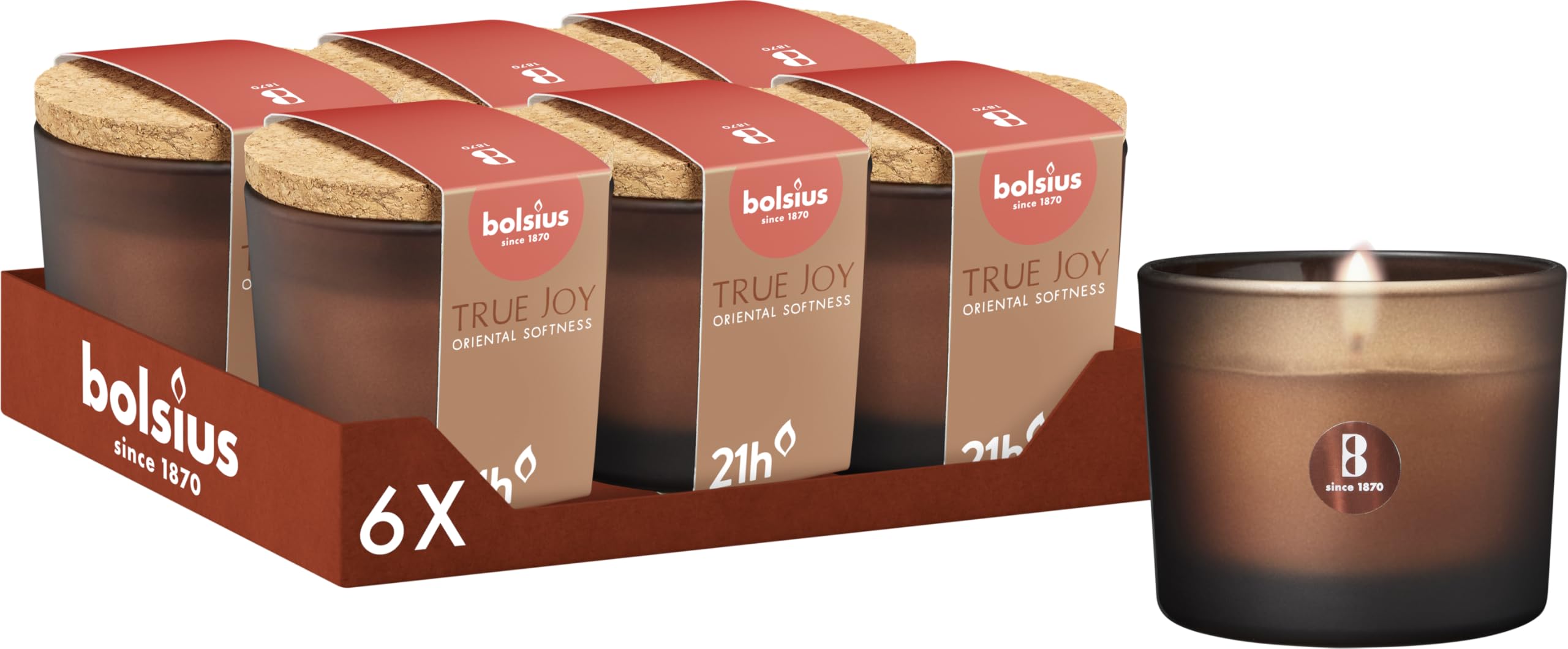 Bolsius True Joy Scented Candle with Cork Lid, Brown, Oriental Softness, Burning Time: 21 Hours, with Natural Extracts, with Natural Vegetable Wax, Palm Oil Free