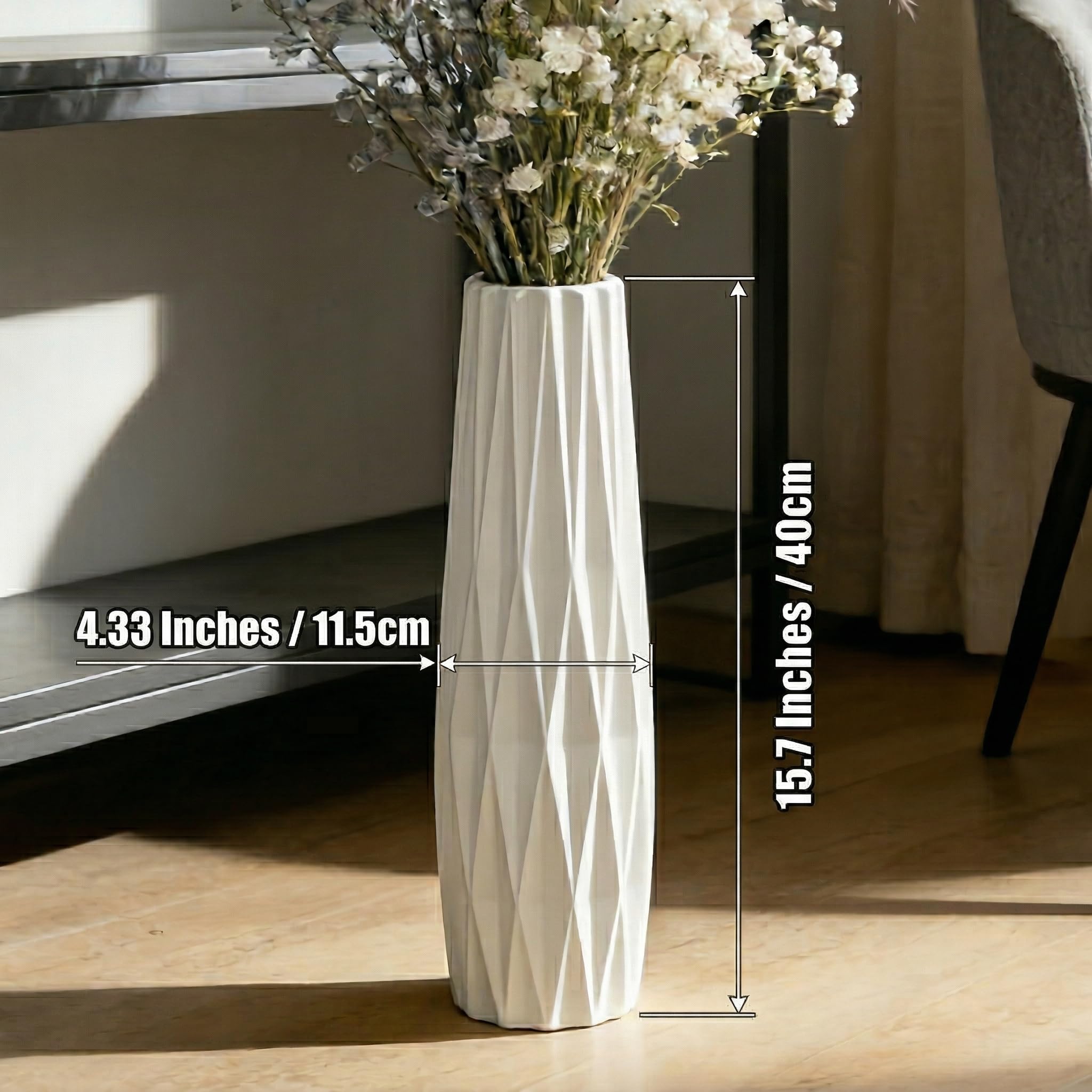 Vaso alto da pavimento in ceramica bianca, 40 cm, design a coste | Finitura smaltata lucida, angoli stretti, ingresso, camera da letto, spazi compatti