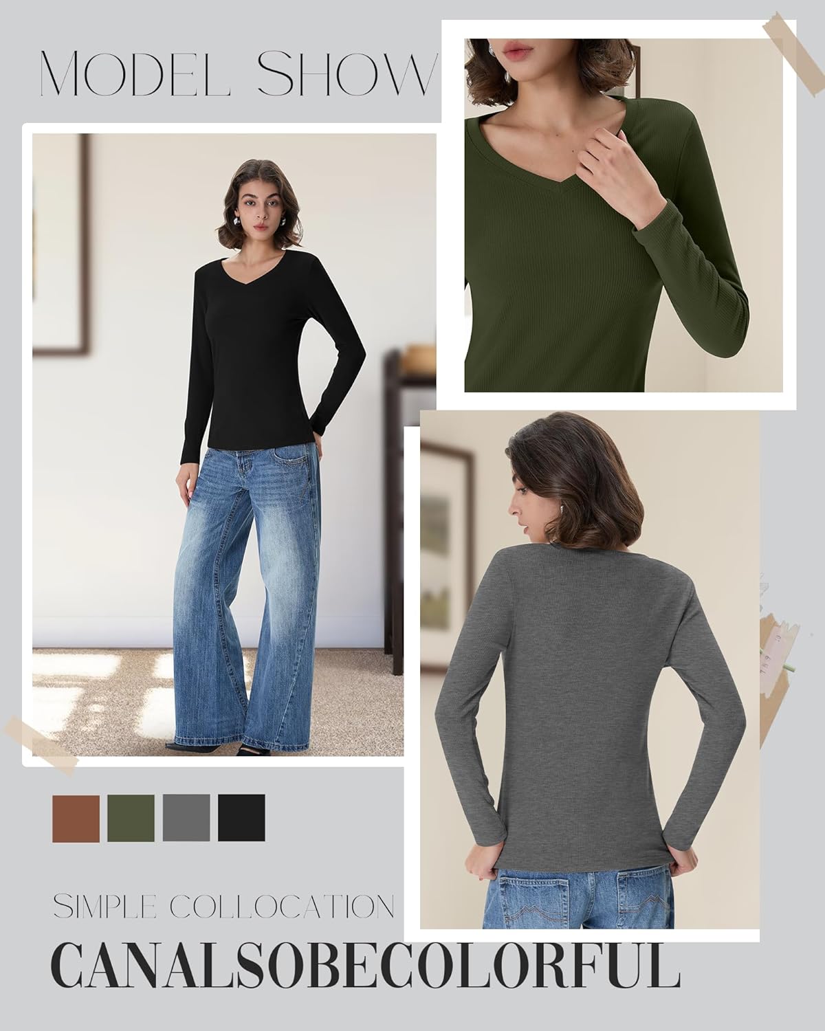 4 Pack Women's Thermal Shirts Long Sleeve Ribbed Cotton Tops V Neck Fitted Winter Undershirts Basic Base Layer - Image 5