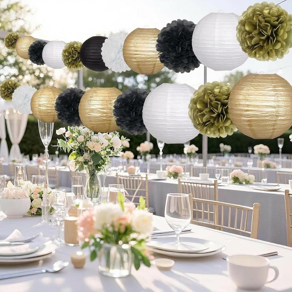 18pcs Black Gold Paper Lanterns Decoration Hanging Paper Décor Pom Poms Paper Flower Party Supply for Graduation Masquerade New Years Birthday Party Decor image 2
