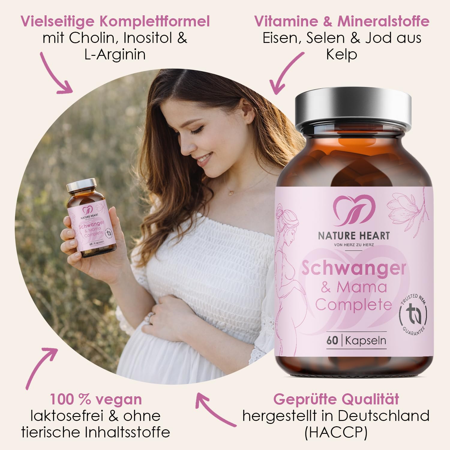 Nature Heart Schwanger & Mama Complete 60 Kapseln | Mit Folat, Eisen, Jod, Cholin & Vitaminen, Vegan, Für Kinderwunsch, Schwangerschaft & Stillzeit