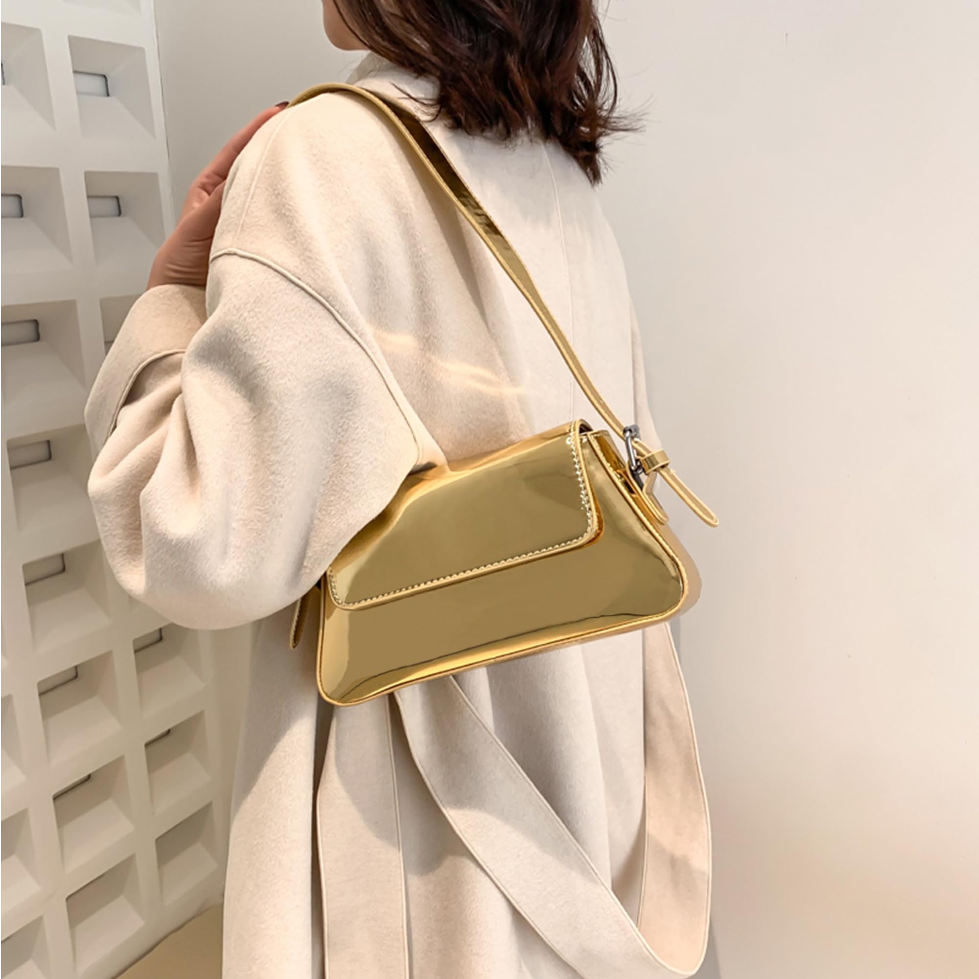 Bolso de hombro pequeño para mujer, lindo bolso de mano hobo de noche, bolso de mano Y2K plateado brillante para fiesta, graduación, boda, Oro, Pequeña 2