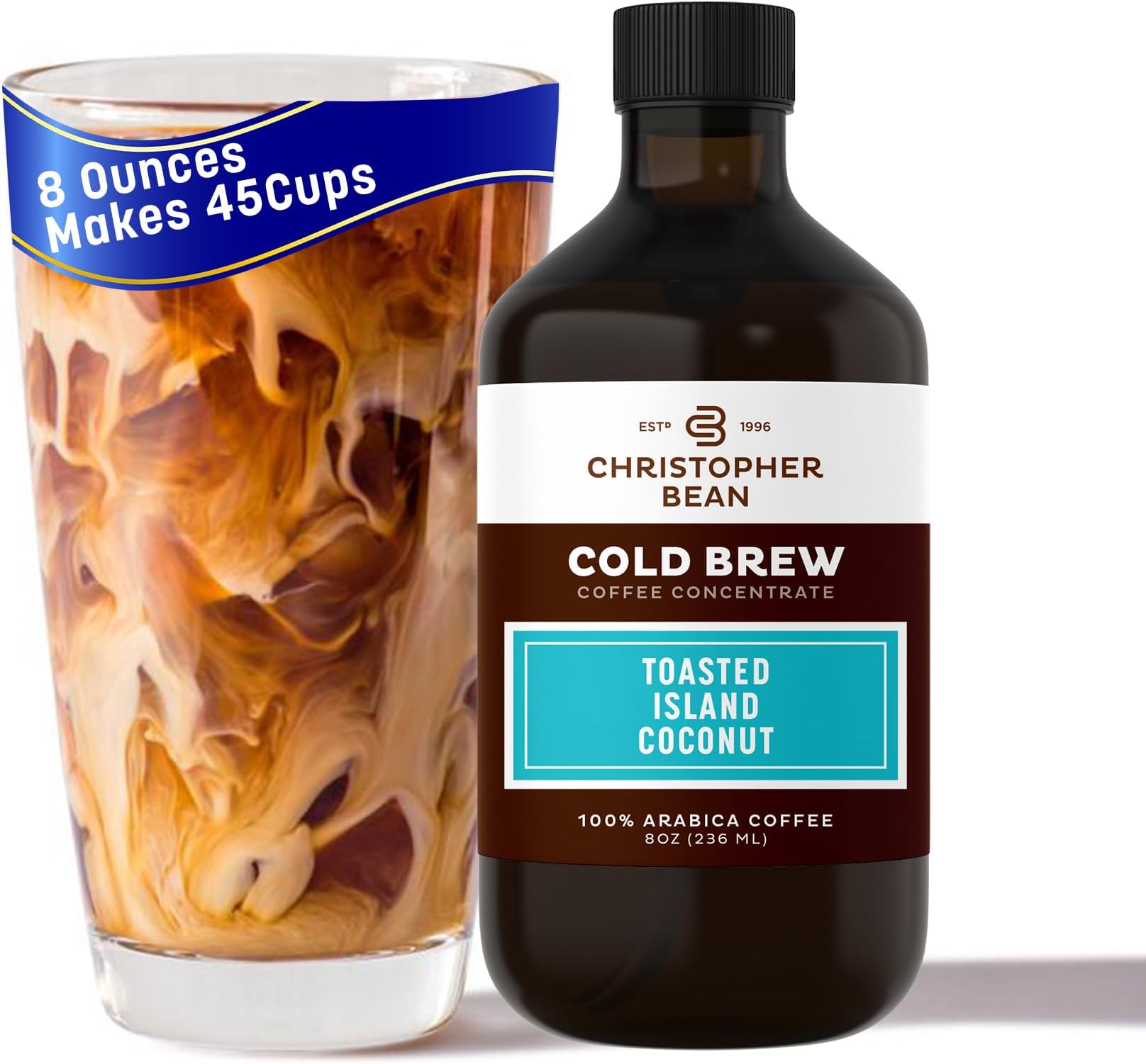 Christopher Bean Hand Crafted Toasted Island Coconut Flavored Coffee - Certified Kosher - Unsweetened Cold Brew & Iced Instant Coffee Distillate Liquid Java - Extract 100% Arabica, (8-Ounce), 236 ml