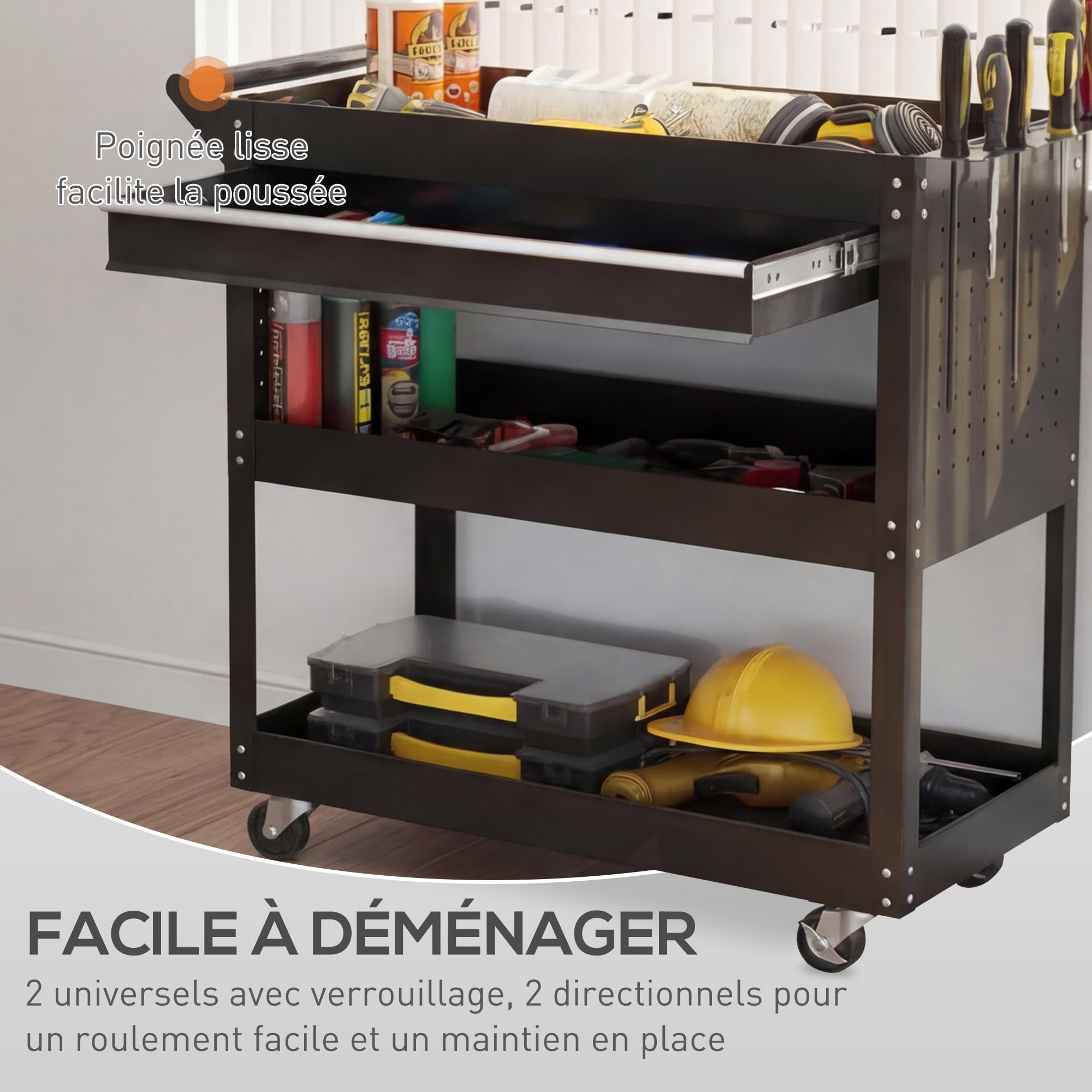 DURHAND - Carro de taller para taller de 3 niveles con cajón, portaherramientas lateral y asa, sirve taller para garaje, almacén, herramientas de bricolaje, 82 x 35 x 76 cm, color negro