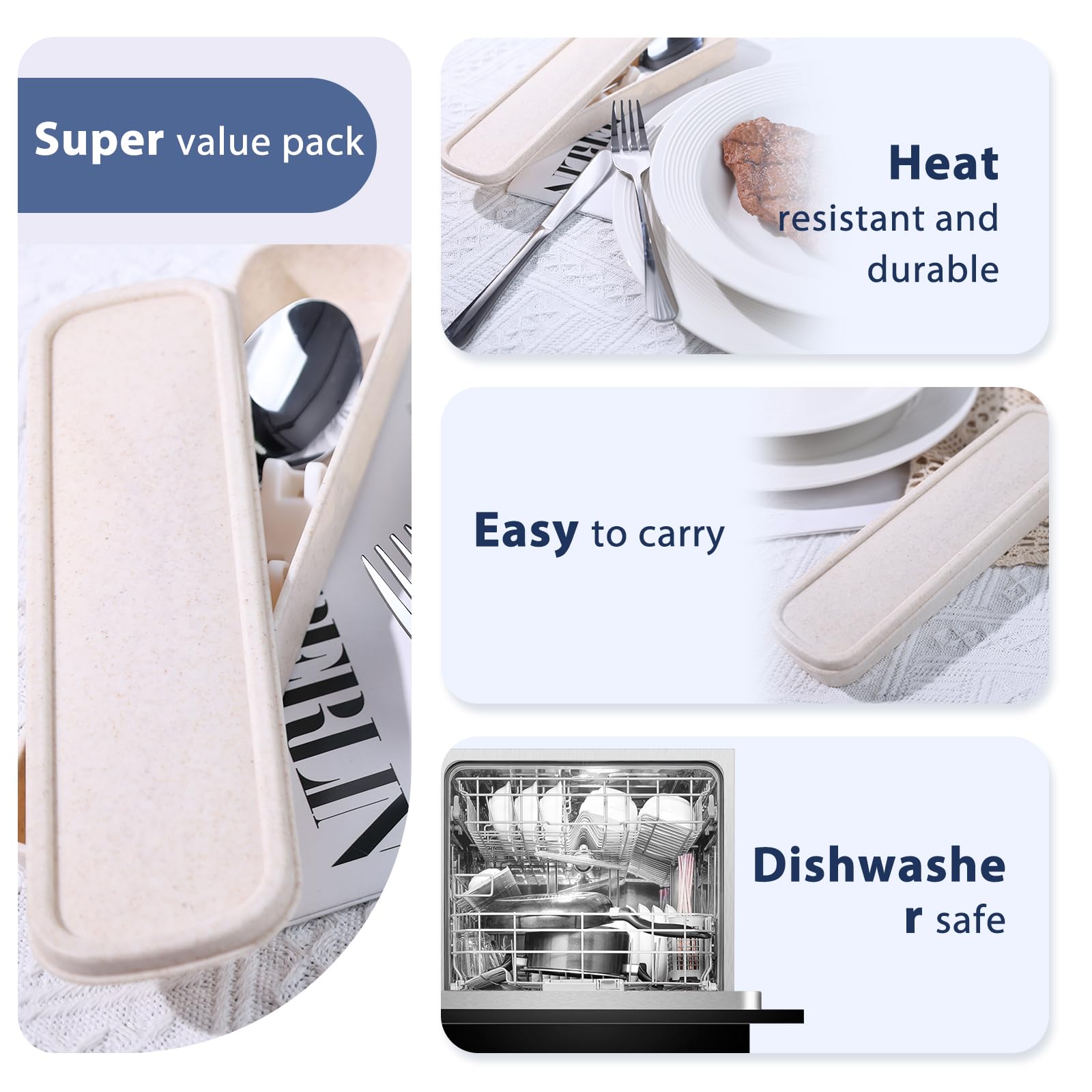 HANSGO Juego de 3 utensilios portátiles con funda, juego de cubiertos de viaje de acero inoxidable reutilizables para almuerzo, camping, escuela, picnic, oficina, apto para lavavajillas, color beige