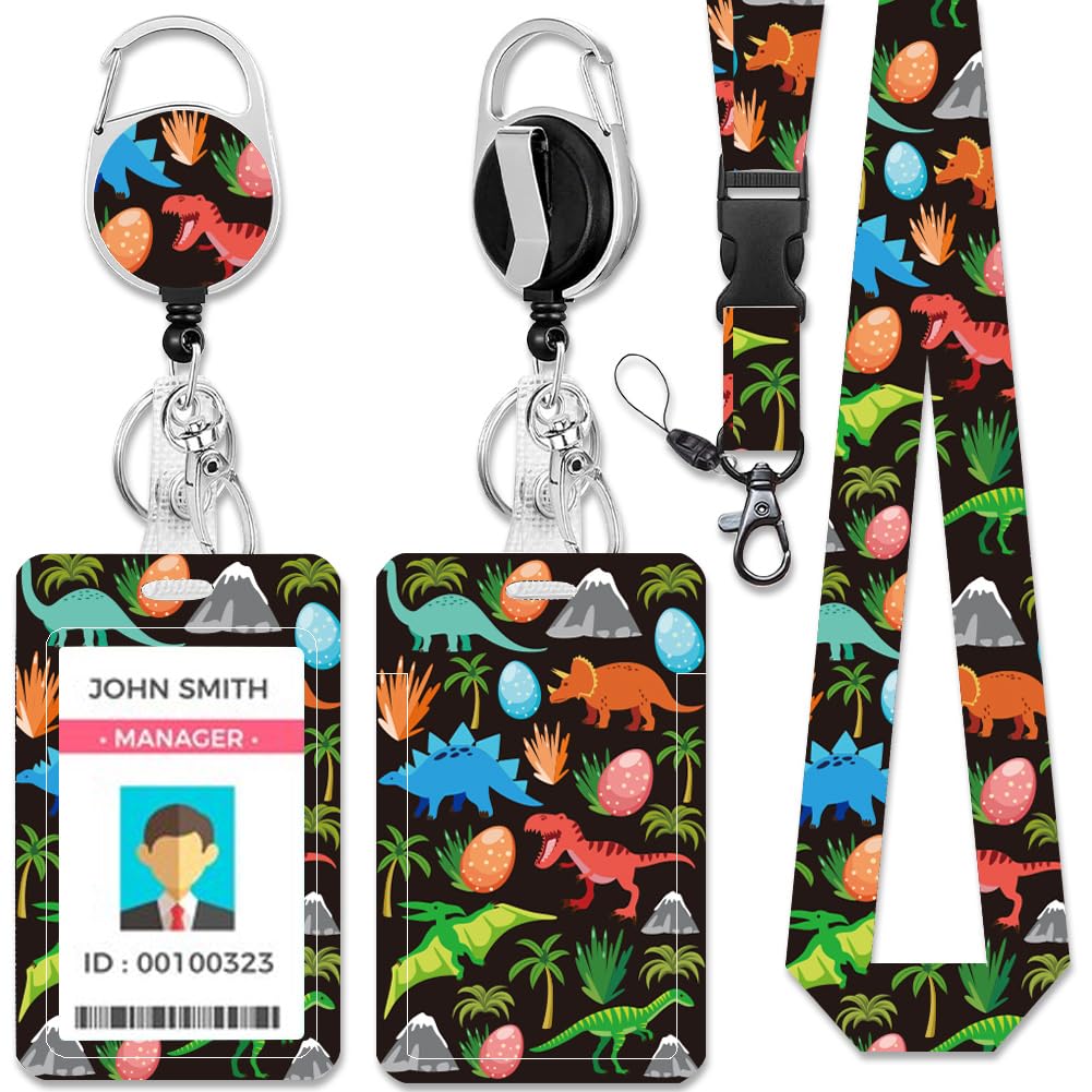 CHGCRAFT Dinosaurs Tyrannosaurus Triceratops ID Badge Holders Rectangle Plastic Name Tag ID Card Holder with Clasp for Business ID Card Teacher Student Nurse Office, Dinosaur, 4.3×2.8inch
