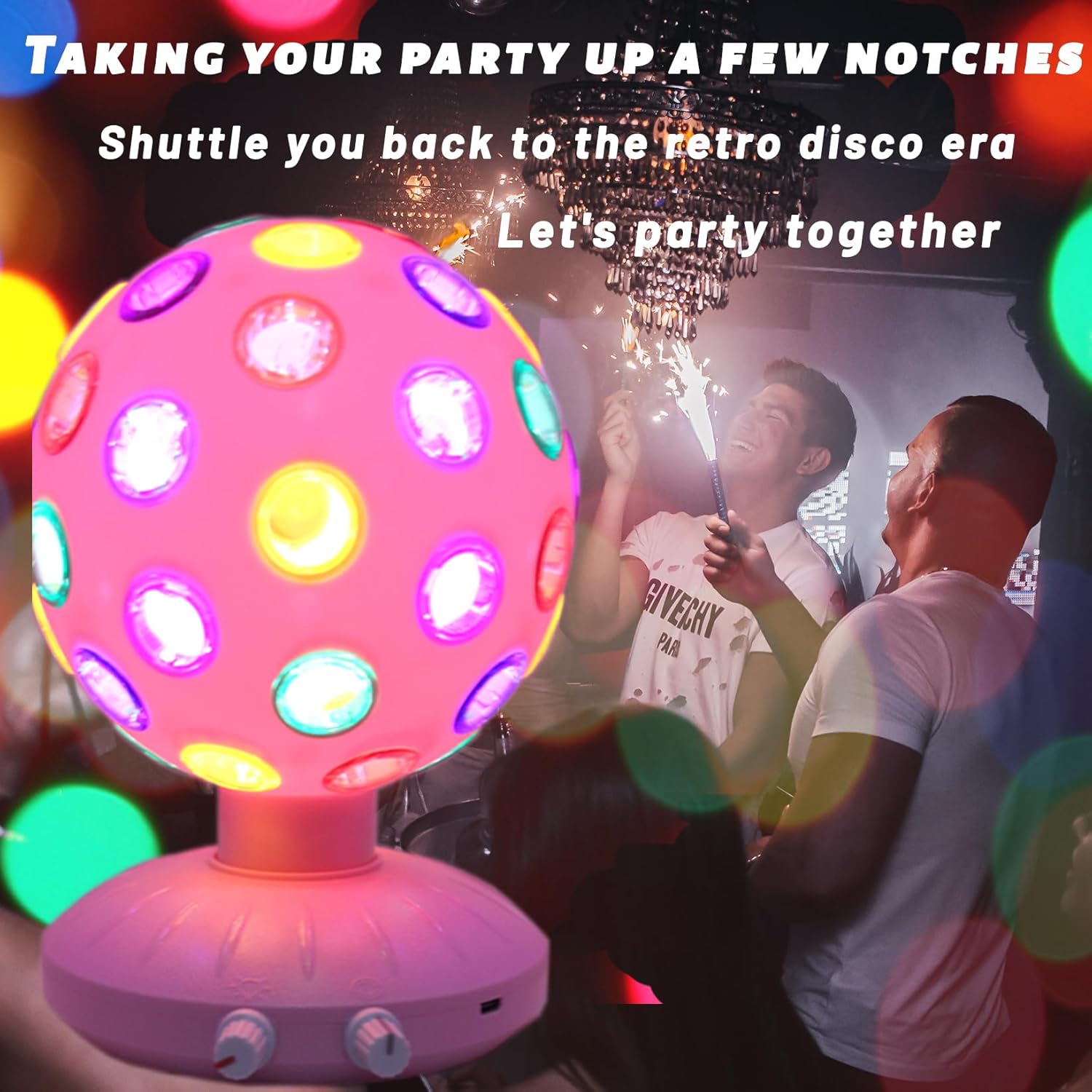 Spinning 6 Inches Disco Ball Light Adjustable Rotating Speed and Brightness Party Lights Strobe Lamp with USB Cable for Birthday Gathering Club Decorations (USB/Battery Powered) (Pink)