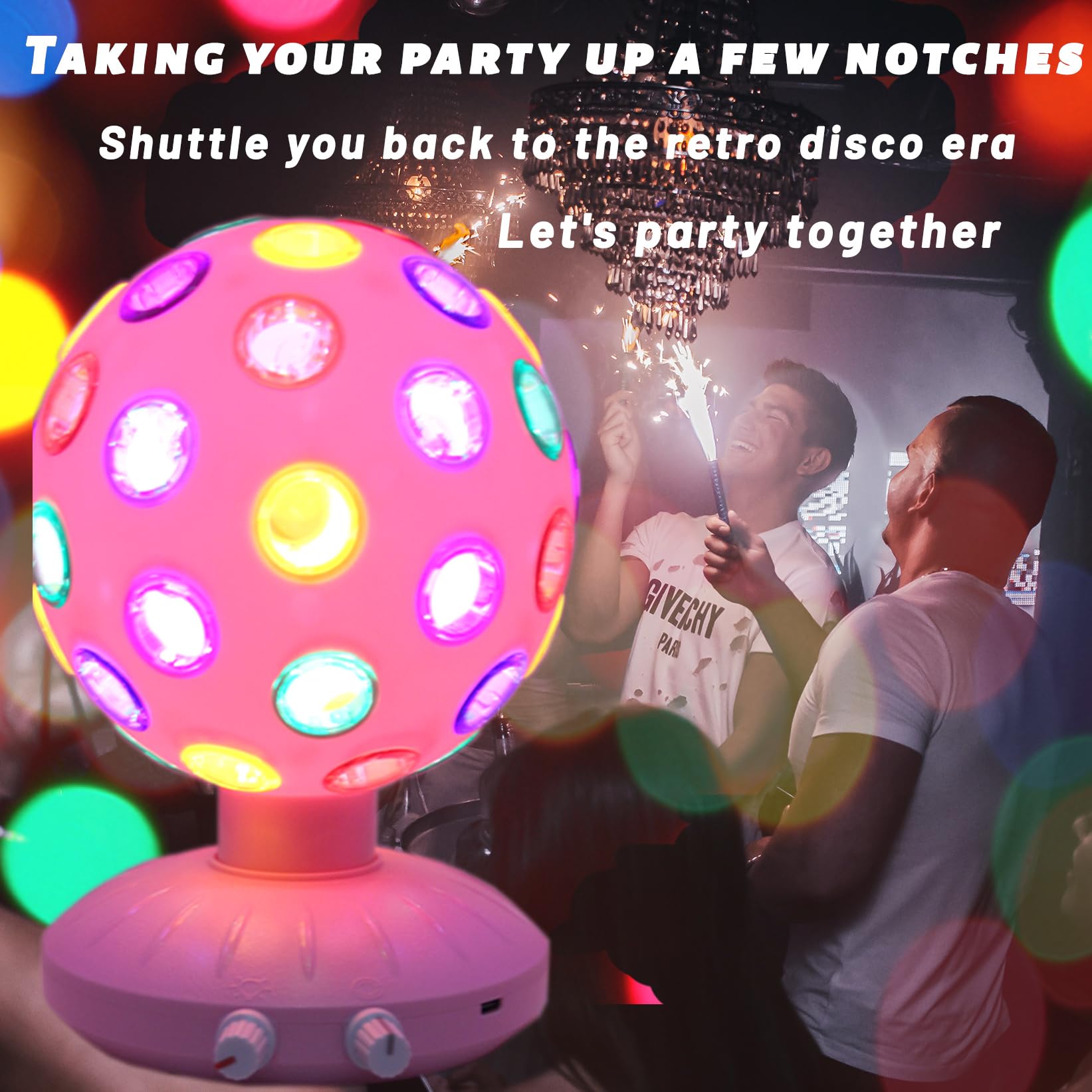 Boule disco de 15,2 cm, vitesse de rotation et luminosité réglables, lampe stroboscopique avec câble USB pour anniversaire d'enfants, décoration de Noël (alimentation par piles USB/AA) (rose)