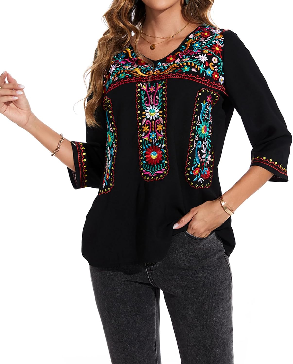 MINTLIMIT Women's 3/4 Sleeve Mexican Shirts Embroidered Tops Floral Boho Peasant Blouse Ethnic Style Casual Loose Tunics - Image 5