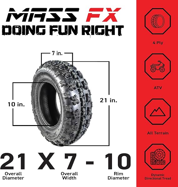 MASSFX 21x7-10 Front Tires With Gun Metal Wheel Kit for Sport Quad: All-Terrain (ATV), Utility-Task (UTV), and Side-by-Side (SxS) Vehicles - 4-Ply with 15mm Tread Depth 21x7x10 (2-Pack)