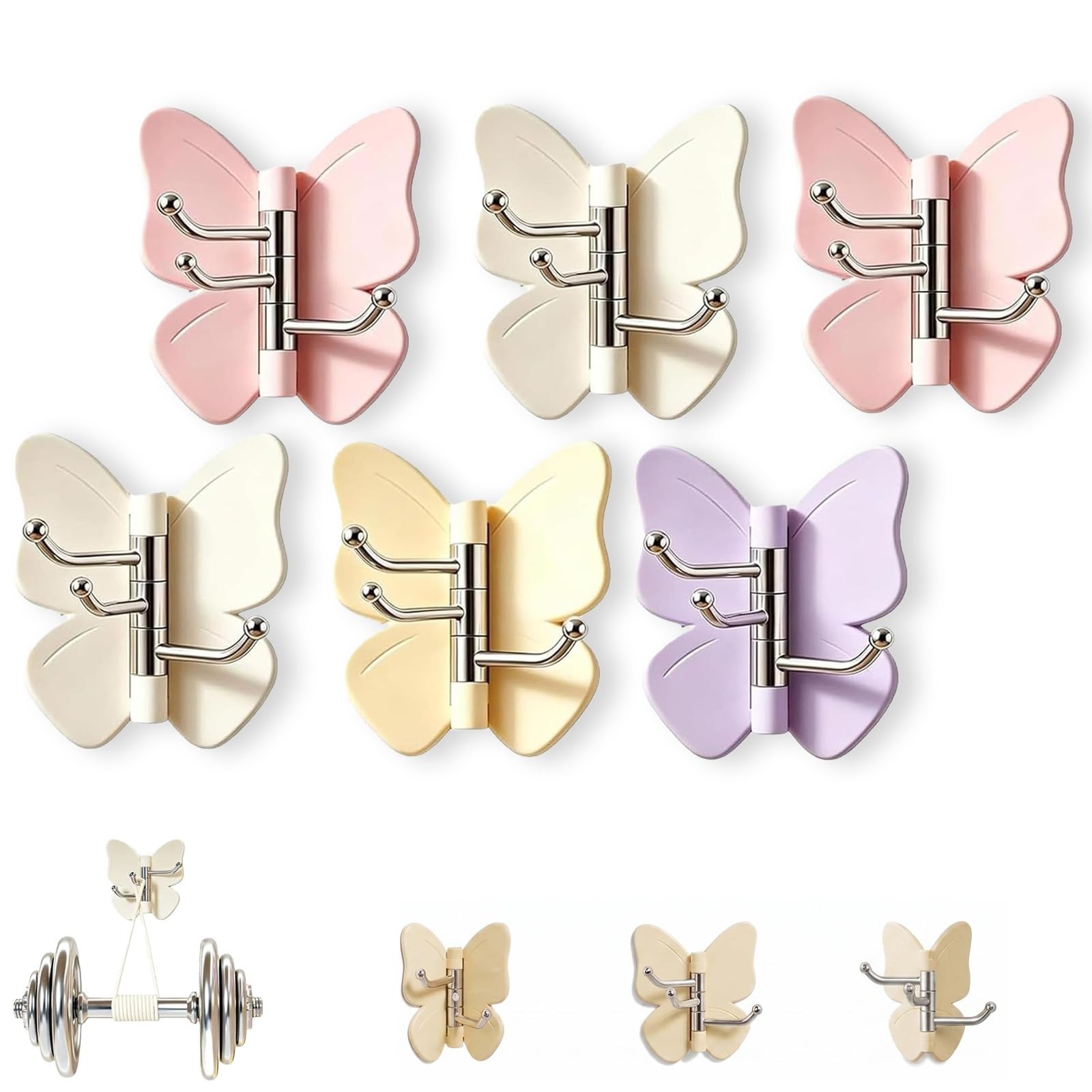 GHRKLP Rotating Butterfly Adhesive Wall Hooks, Cute No-Drill 3-Prong Swivel Hangers with Adjustable Wings,Saving Hooks for Inner & Outer Corners,for Dorm Entryway(Color E,6pcs)