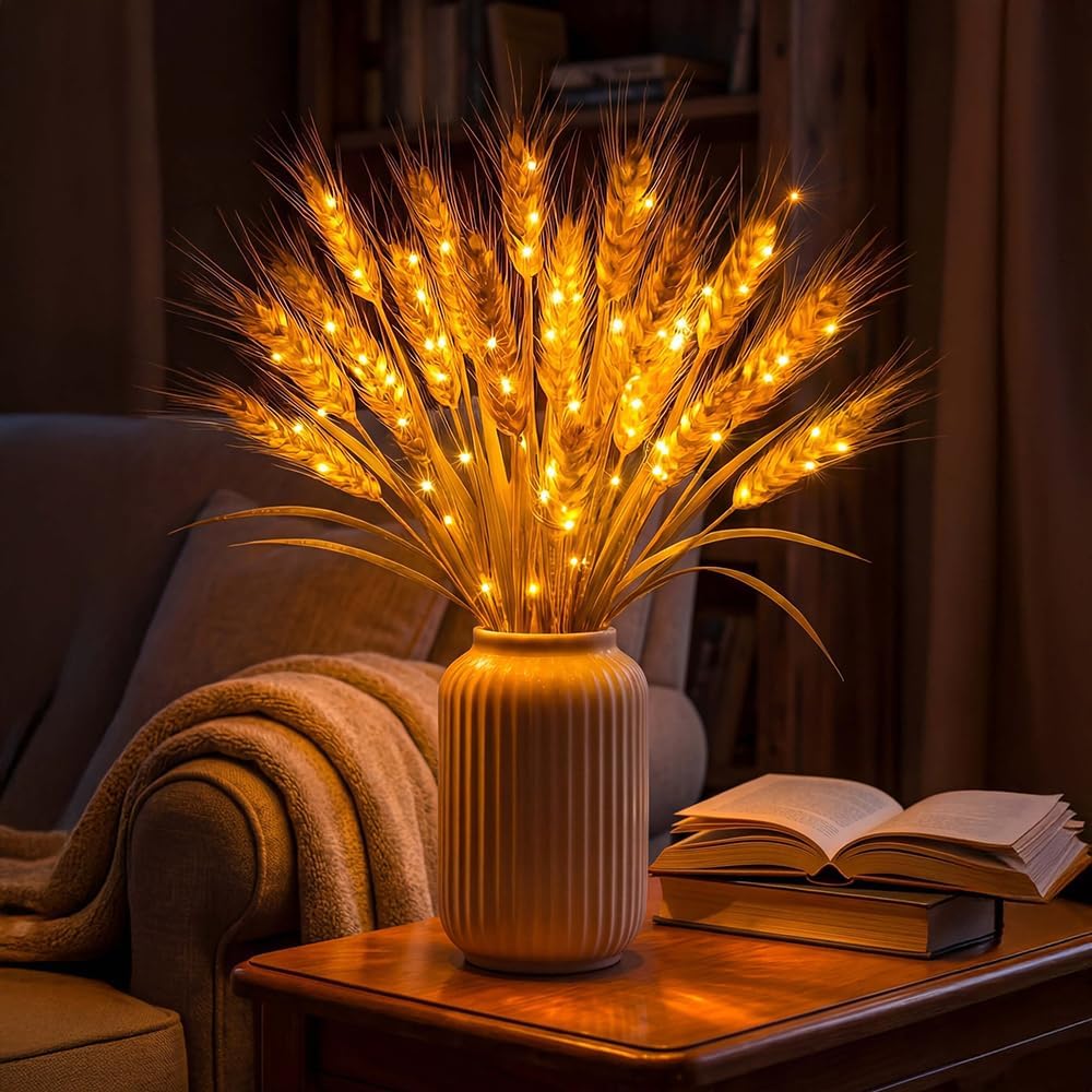 Golden Harvest Light,Wheat Stalks Decor Table Lamp,Battery Operated Flower Lamps, Rustic Farmhouse Accent Light for Bedroom Living Room Dining Table Wedding Centerpiece and Home Decor