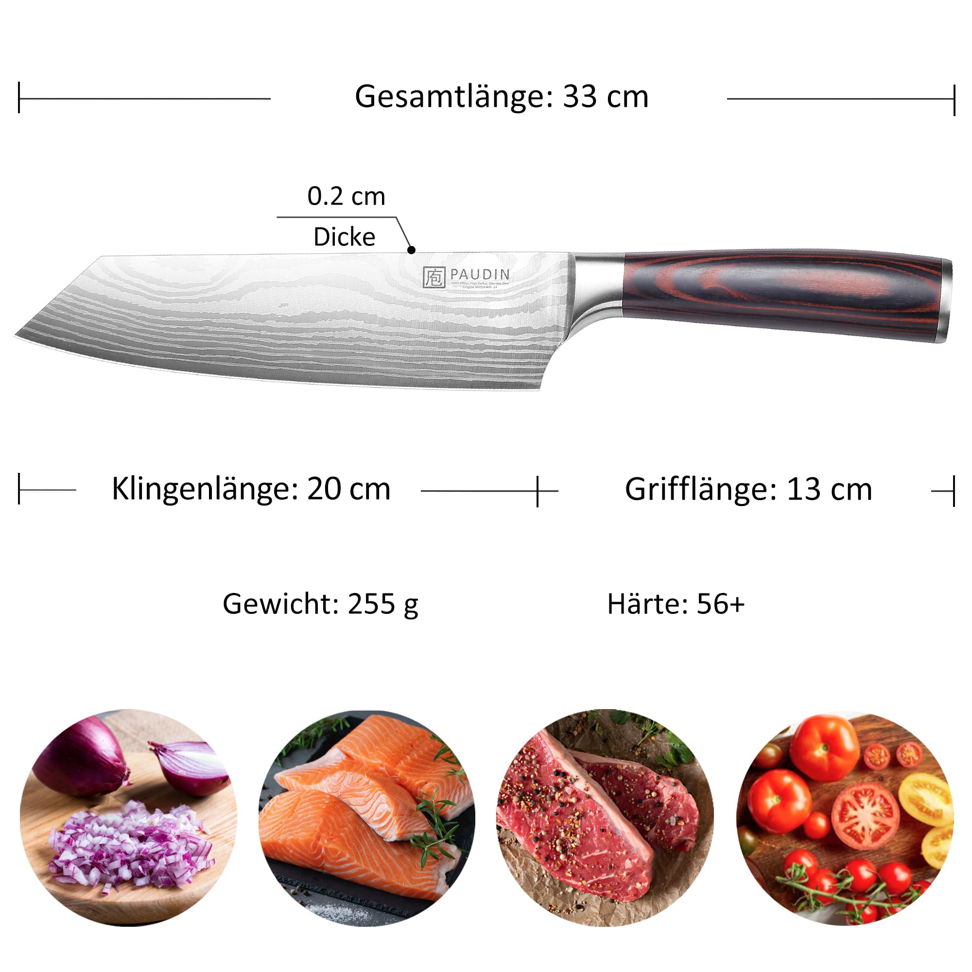 PAUDIN Coltello Santoku da 20 cm, coltello da chef giapponese Kiritsuke, coltello da cucina affilato in acciaio inossidabile ad alto tenore di carbonio, impugnatura ergonomica, perfetto per carne