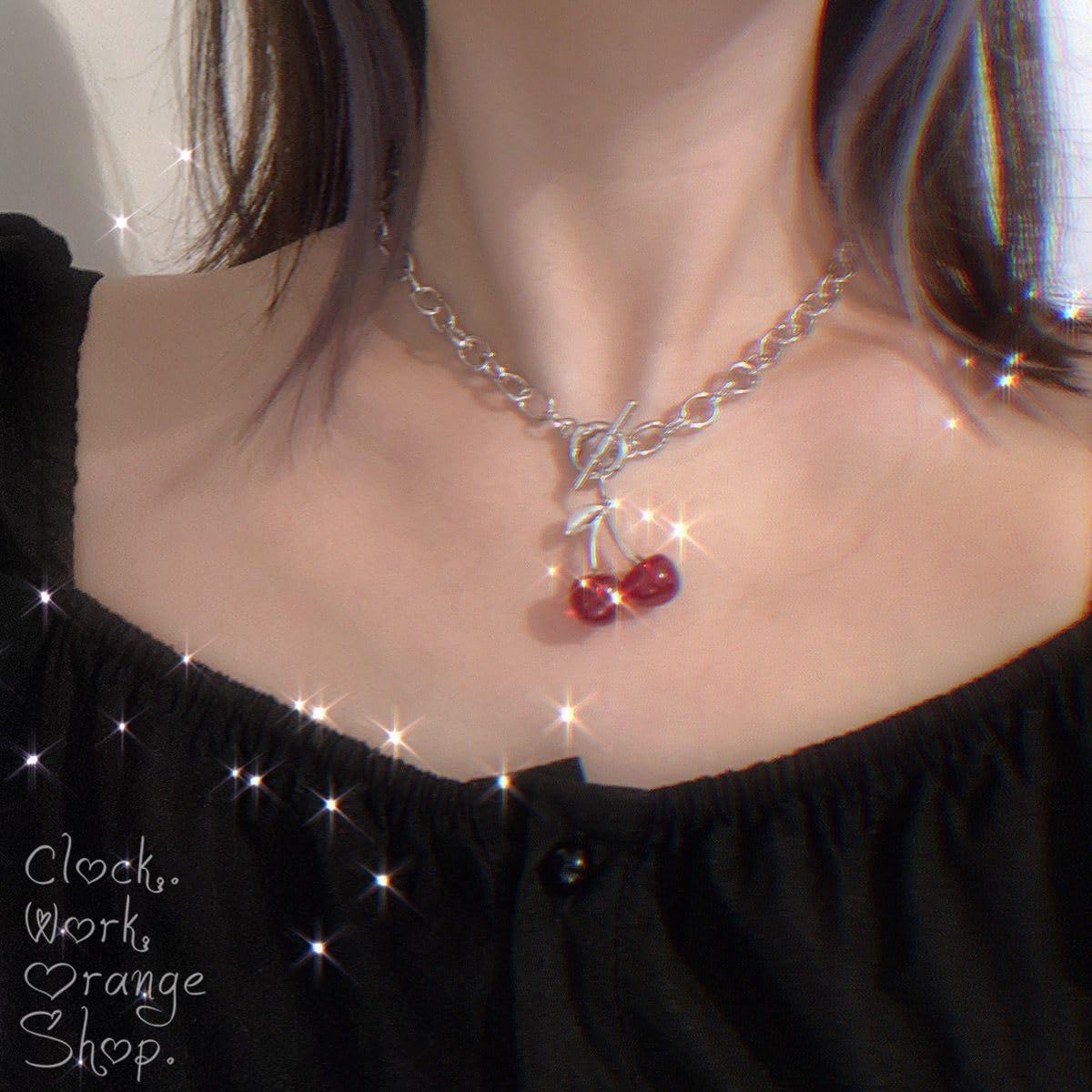 ONLYJUMP 3 Pairs Cute Cherry Pendant Necklace Bracelet Earrings Set for Women 3D Sweet Fruit Earrings Bracelet Creative Fruit Red Cherry Choker Necklace Fashion Summer Fruit Jewelry - Image 4