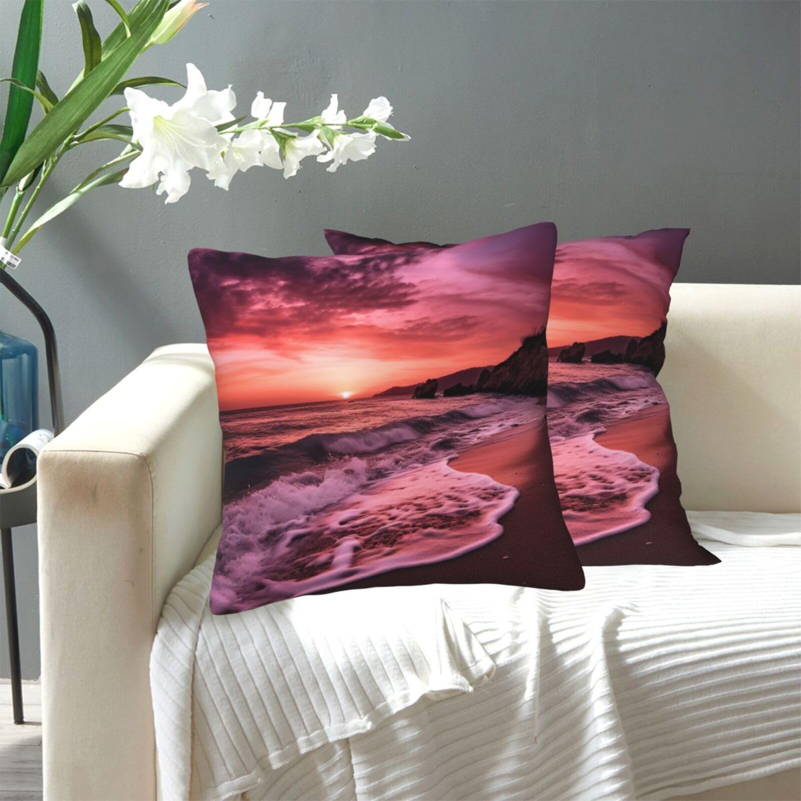 FekiLoot Decorative Throw Pillow Covers Modern Farmhouse Pillowcase Double Sided Cozy Cushion Cover for Sofa Couch Bed 18"X18" Pink Beach Sunset