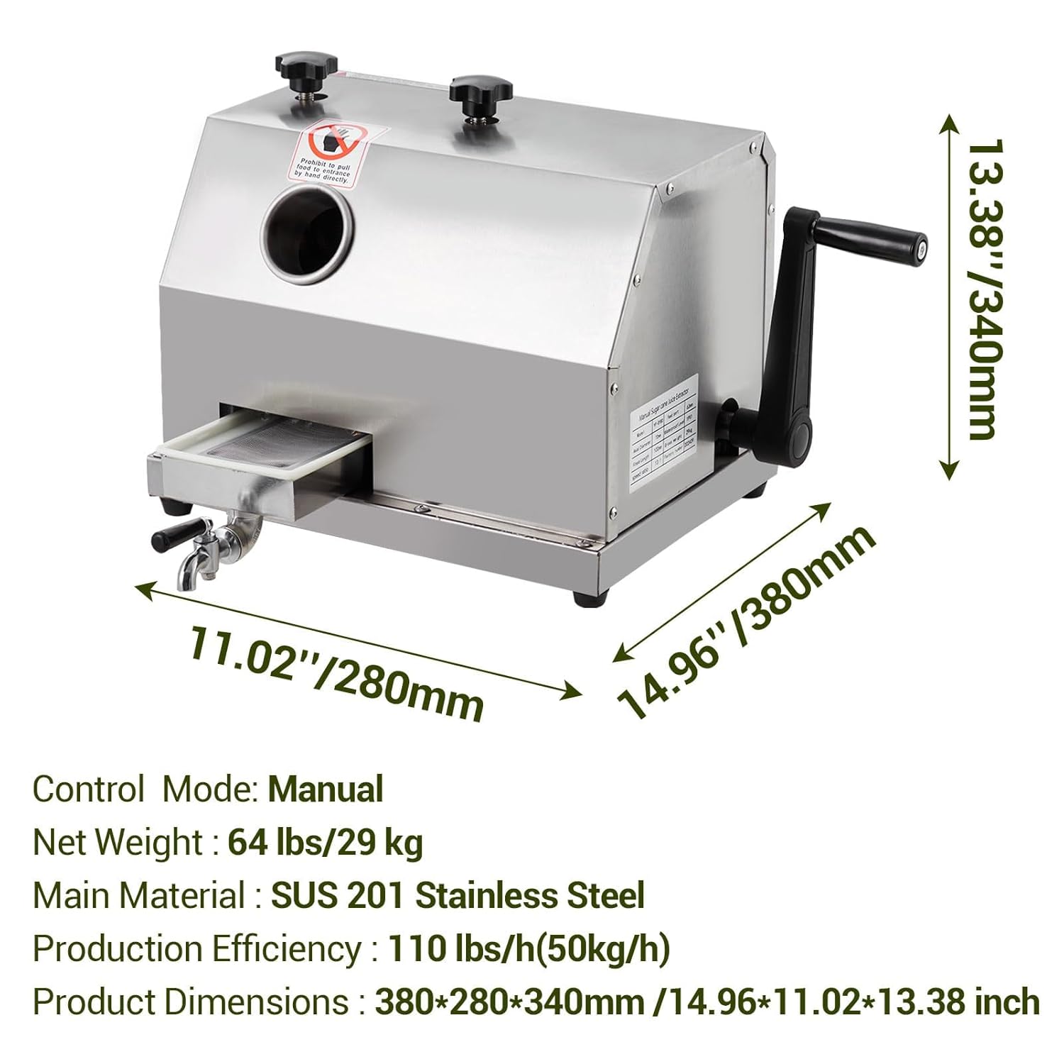 Manual Sugar Cane Juicer Stainless Steel 3 Rollers Sugarcane Press, Commercial Sugar Cane Machine with 2.4 Inch Large Feeding Inlet & 110 LBS/H High Output, Sugarcane Juicer for Commercial