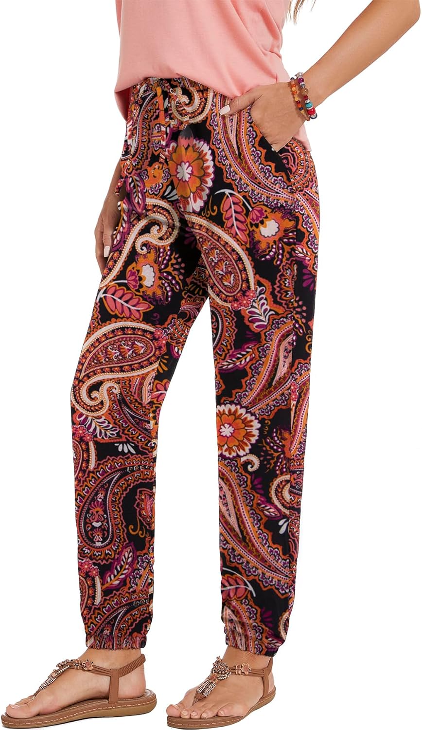 YUTILA Wijde broek voor dames, zomer, boho, strandbroek, lichte en luchtige hoge taille, vrijetijdsbroek, casual, los, patroon, boho, strandbroek met trekkoord en zakken, M