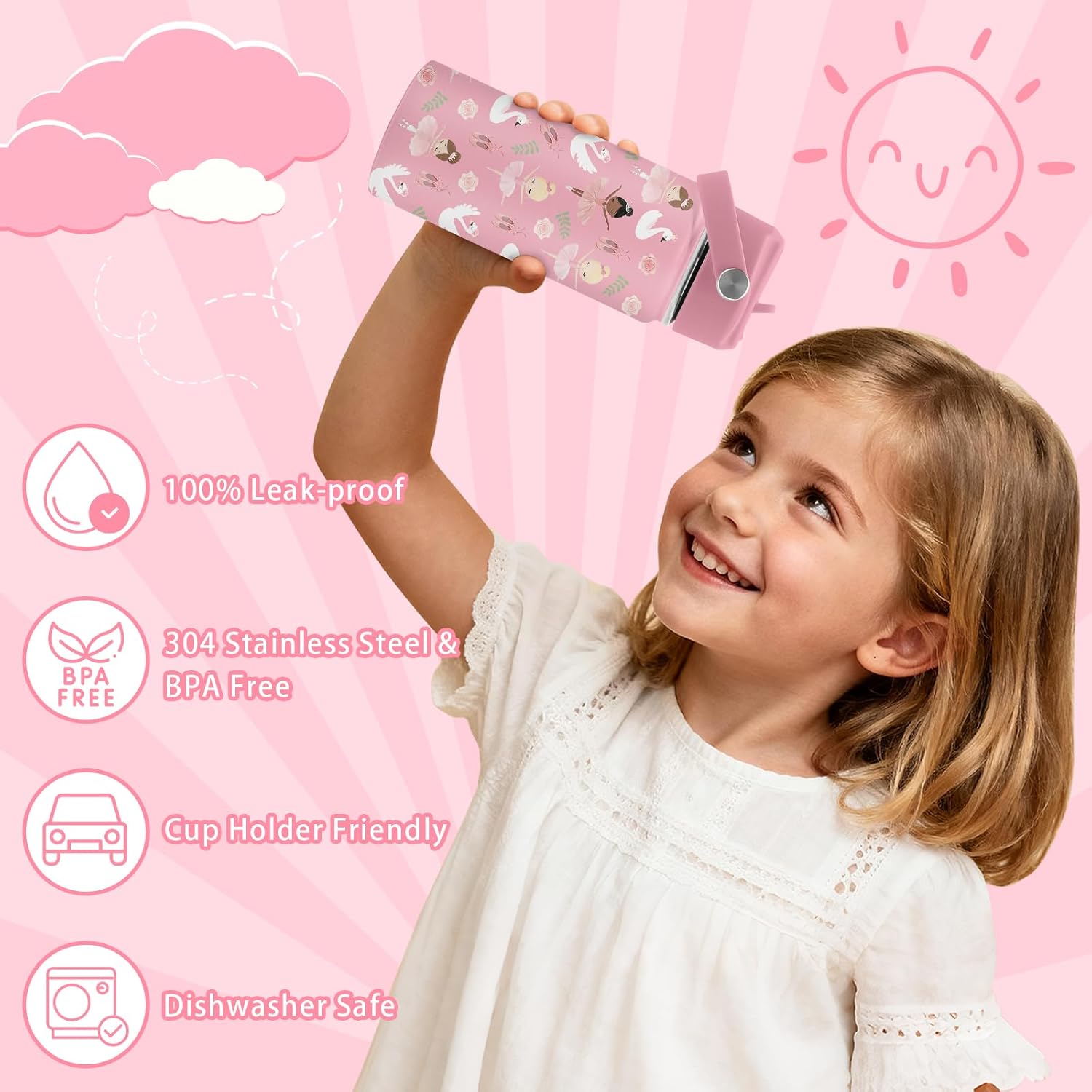 Ballet Water Bottle, 16oz Ballerina Girls Stainless Steel Insulated Water Bottle with Straw Lid, Ballerina Cup Tumbler Birthday Gifts for Kids Teen Girls School - Image 4
