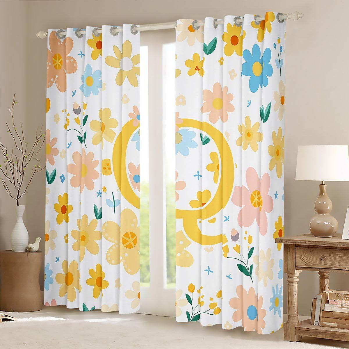 Feelyou Cute Flower Window Treatments, 2 Panels 38 x 45 Inch Cartoon Yellow Floral Blackout Drapes Personalized Letter Q Room Decor Kawaii Flowering Plants Curtains for Bedroom Living Room image 2