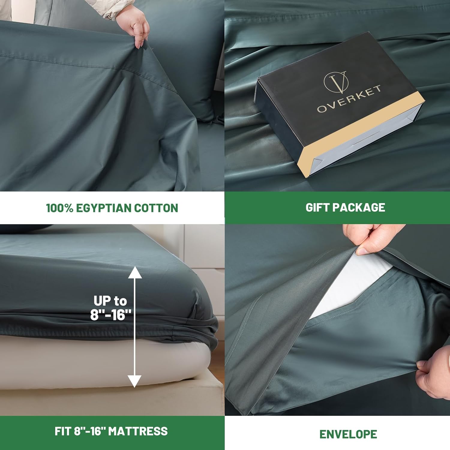 100% Egyptian Cotton Sheets King Size 4PCS 1000 Thread Count Sateen Weave Soft Breathable 16-Inch Deep Pocket (King,Lake Blue) - Image 4